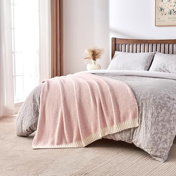CozeCube Melange Blanket, Ultra Soft Pink and White Throw Blanket, Warm Cozy Knit Fuzzy Plush Reversible Throw for Couch Bed Sofa, 60"x80"