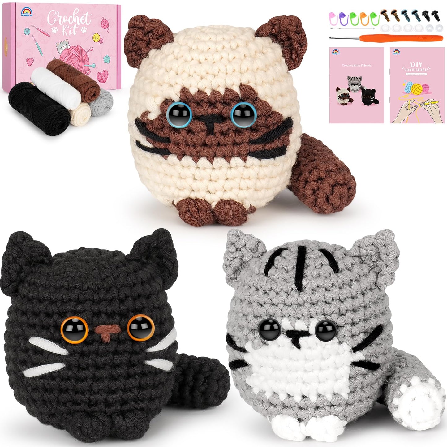 Fortuning's JDS Crochet Kit for Beginners, Cat Crochet Kit for Adults Beginner, Complete DIY Crochet Starter Kit with Step-by-Step Video Tutorials, Easy Knitting Kit Cat Crochet Gifts