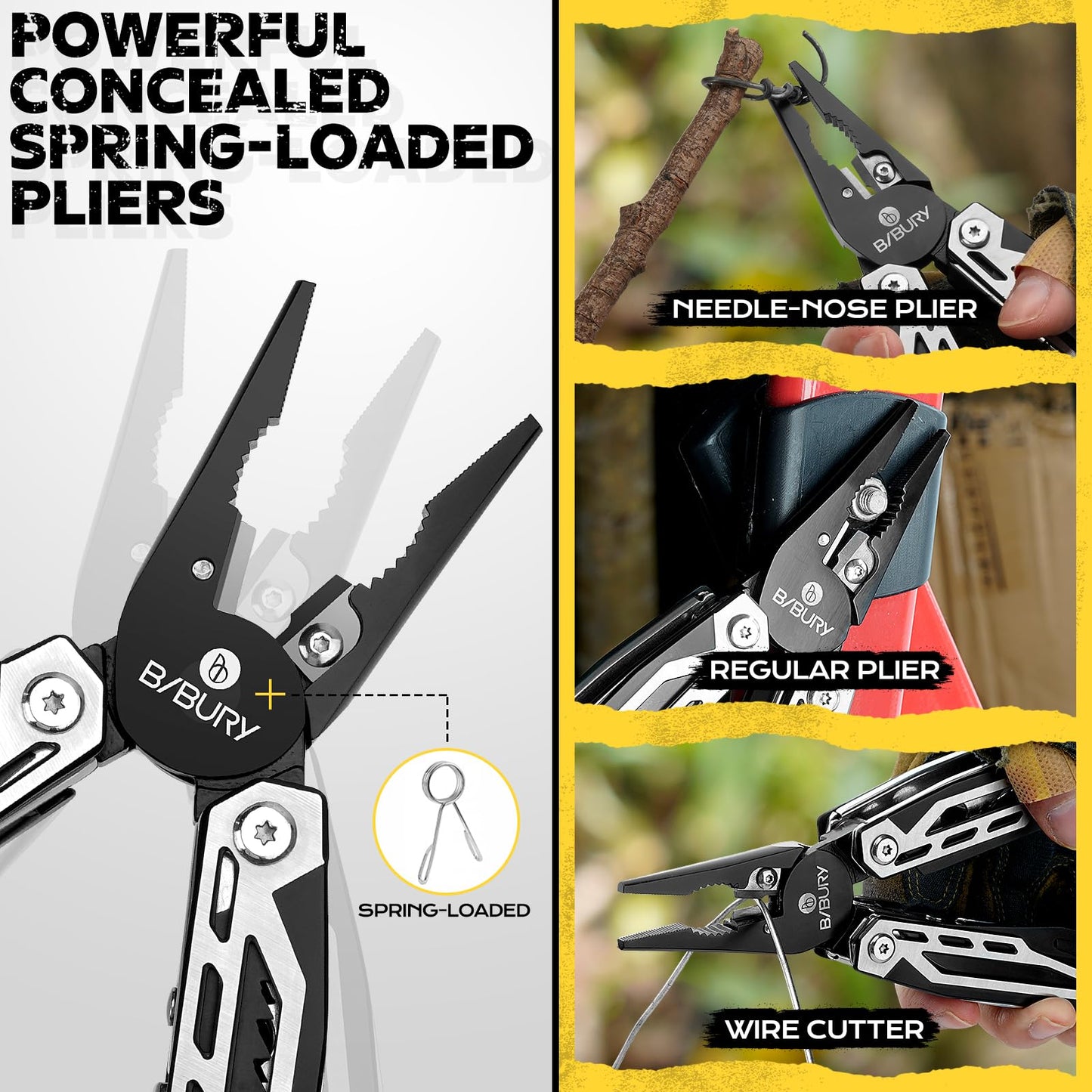 BIBURY Multitool, 21-in-1 Stainless Steel Pocket Tool with Scissors, Spring-Loaded Pliers with Sheath for Outdoor, Survival, Camping, Home Repair, Gifts for Men
