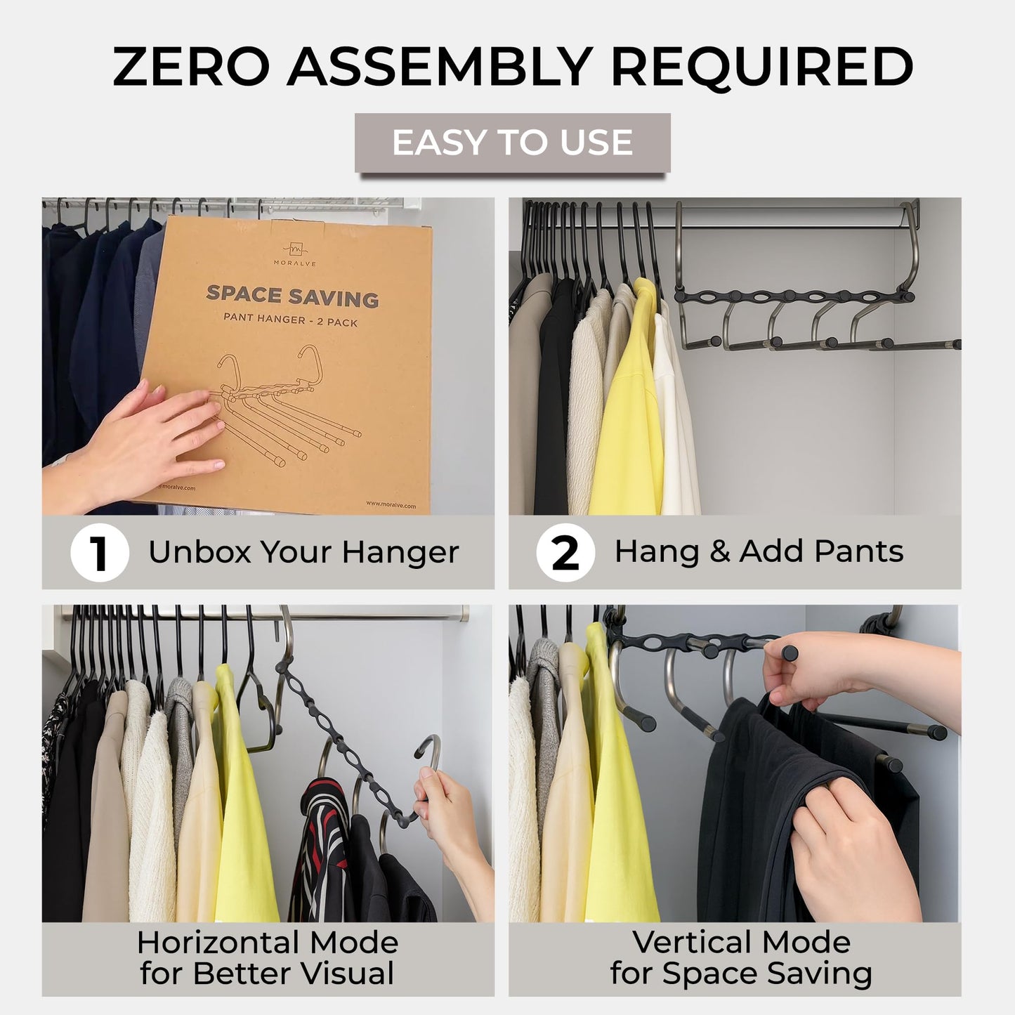 MORALVE Pants Hangers Space Saving - 2 Pack - Non-Slip Multi-Layer Space Saving Hangers - Multifunctional Clothing Rack for Closet Storage - Ideal for Jeans, Trousers, Skirts, Scarves & Slacks (Black)