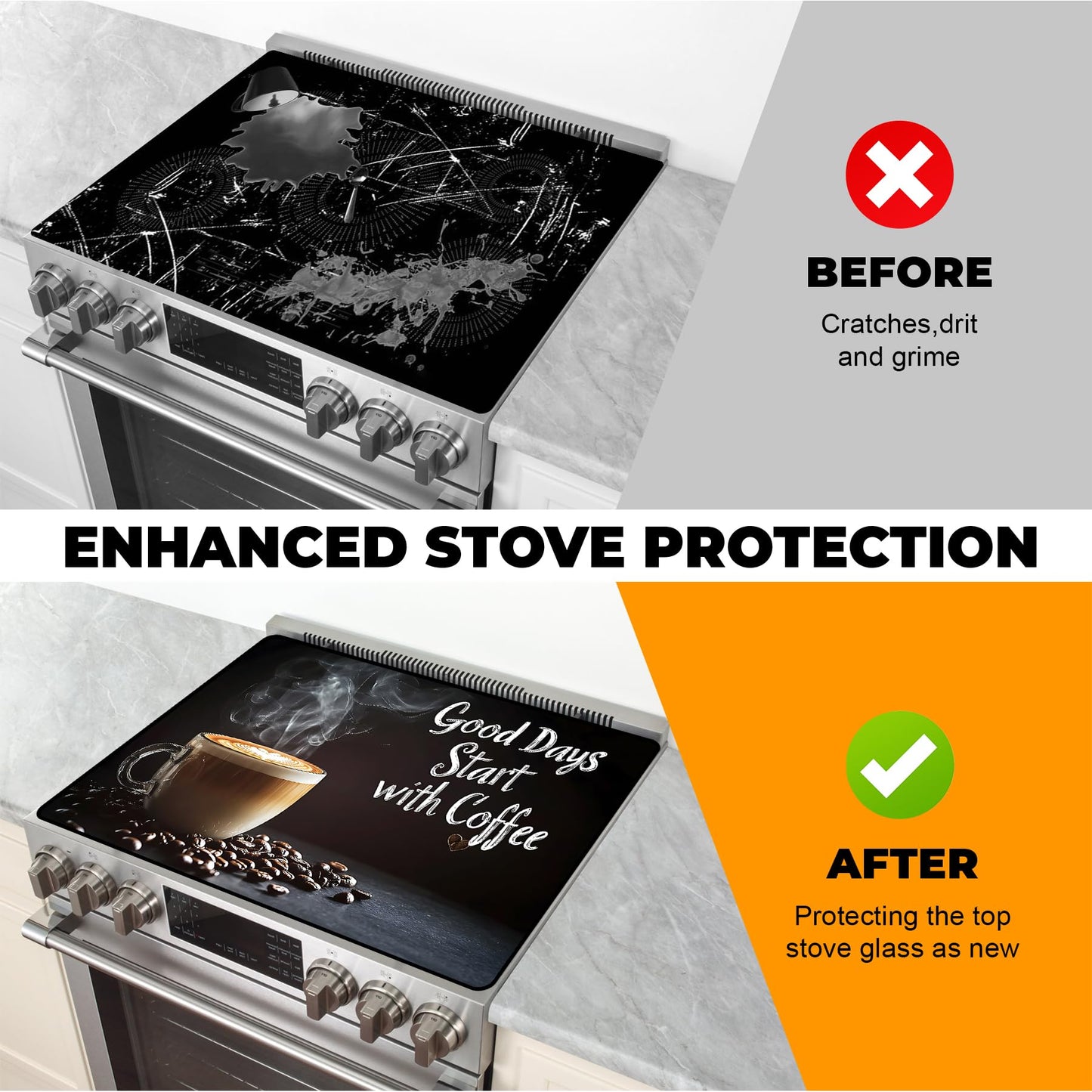 BSFHH Heat-Resistant Glass Stove Top Cover with Anti-Slip Rubber Coating – Electric Stove Protector, Scratch-Resistant, Expands Counter Space, Stylish Kitchen Decor (Cafe)