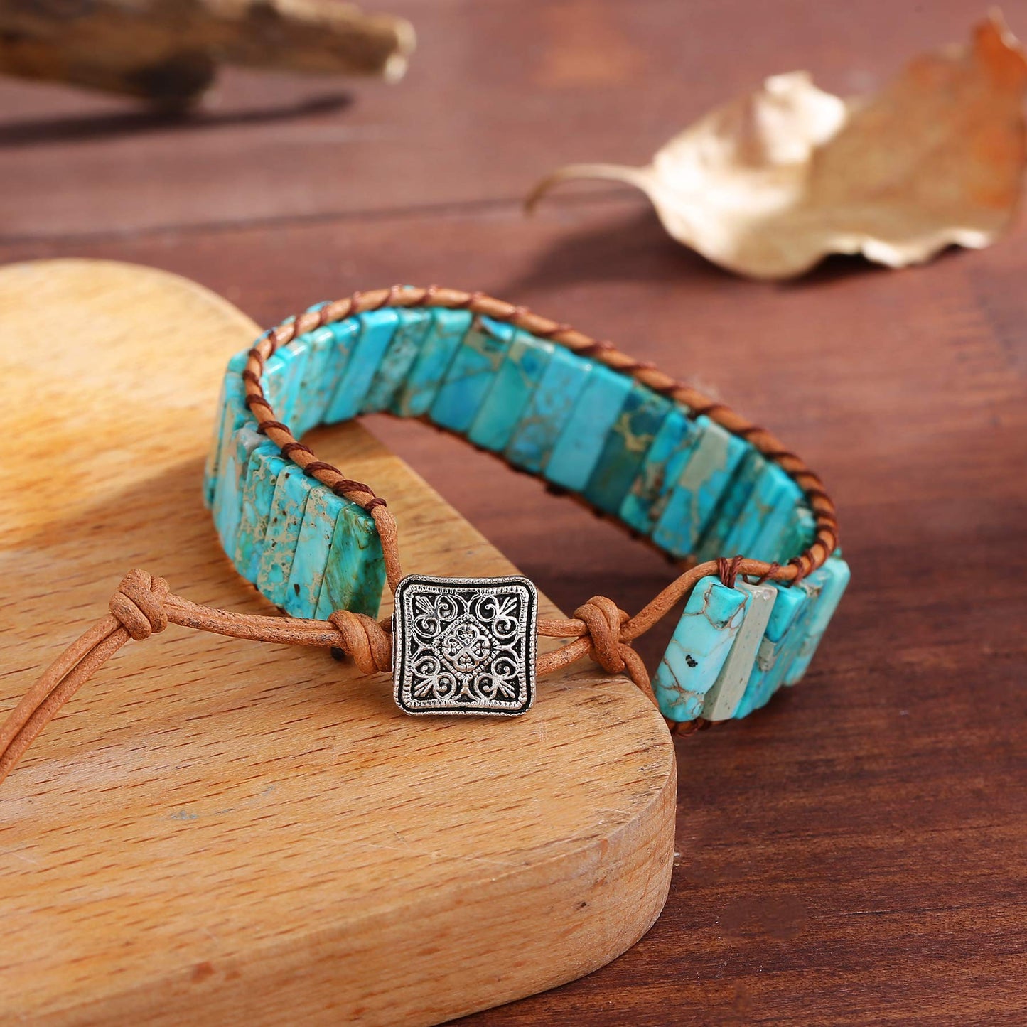 Plumiss Leather Chakra Handmade Turquoise Blue Imperial Jasper Healing Stone Wrap Adjustable Bead Bracelet Gift for Women Men