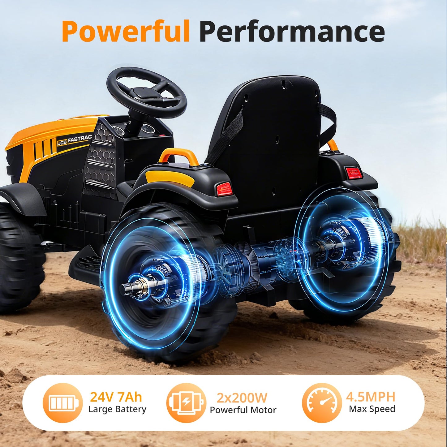 Hikiddo Licensed JCB 24V Electric Ride on Trator for Big Kids 3-8 with Trailer, Remote Control, 400W Motors - Yellow