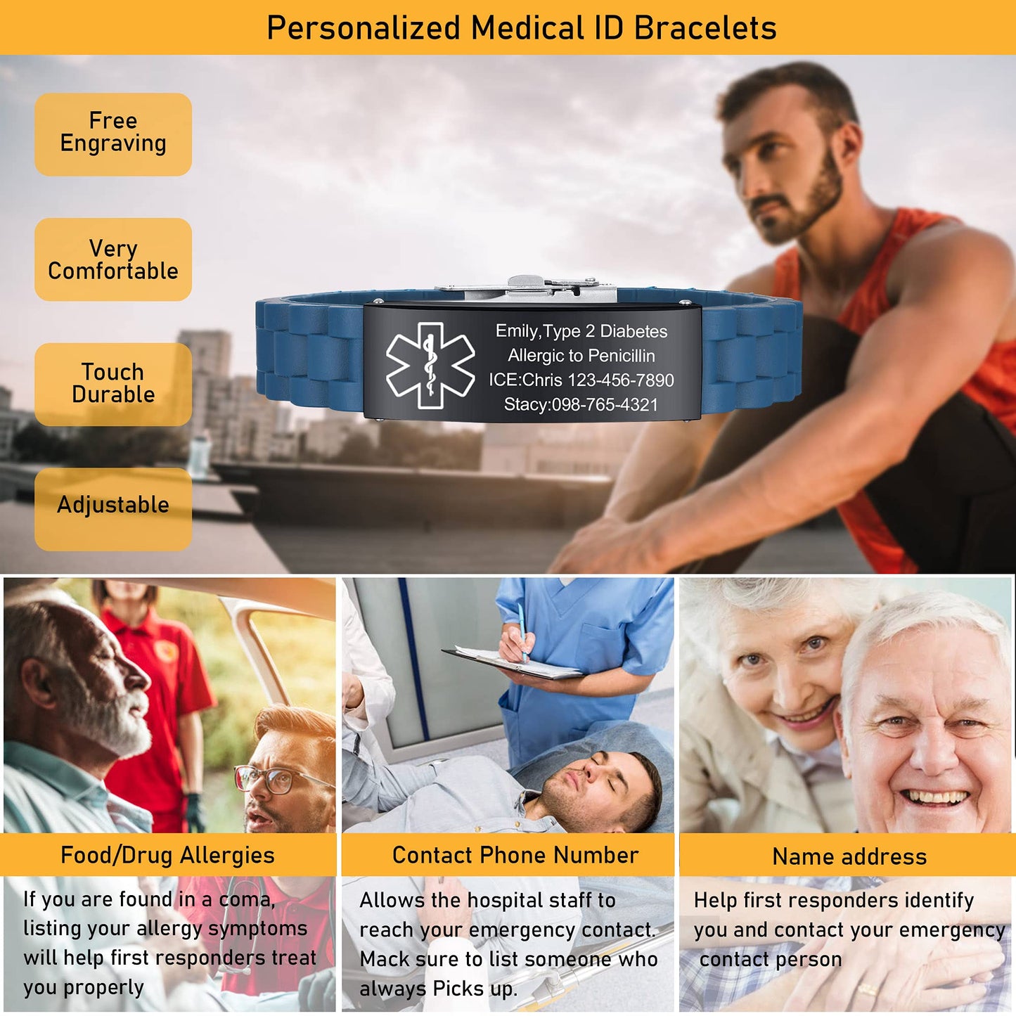 VNOX Blue Medical Alert Bracelets for Men & Women with Adjustable Sport Silicone Medical ID Bracelets Wristband