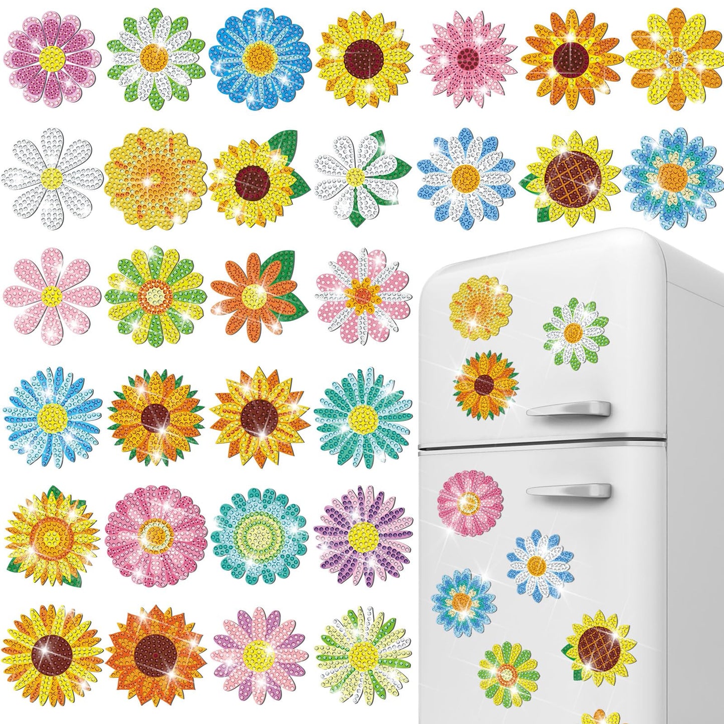 Copkim 30 Pcs Diamond Art Magnets Refrigerator Easy Art Kits Fridge Diamond Painting Magnets Stickers for Adults DIY Home Decors Flower Butterfly(Daisy)