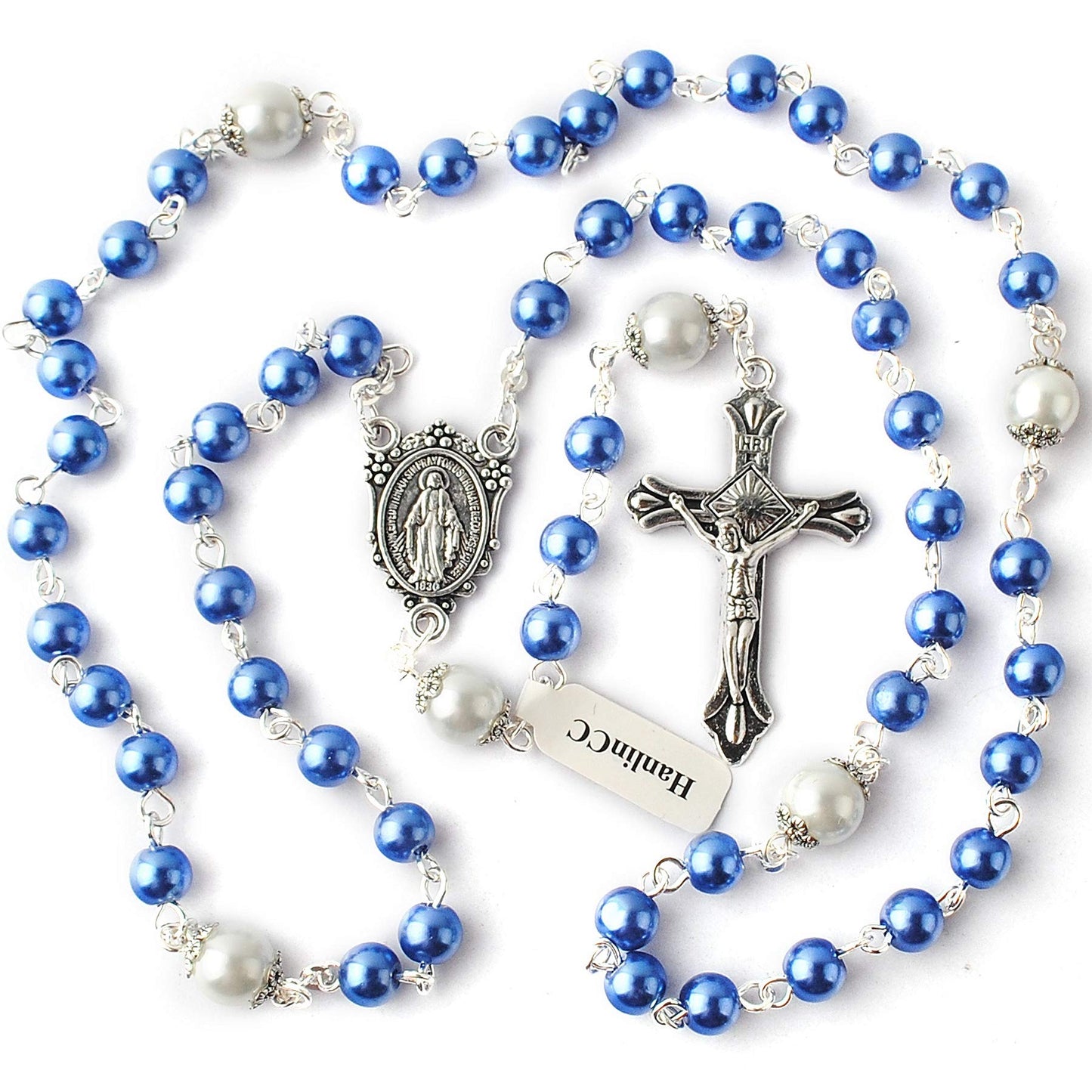 HanlinCC 6mm Glass Pearl Beads with 8mm Our Father Beads with Caps Rosary Necklace Pack in Miraculous Metal Gift Box (Blue Rosary with Miraculous Gift Box)