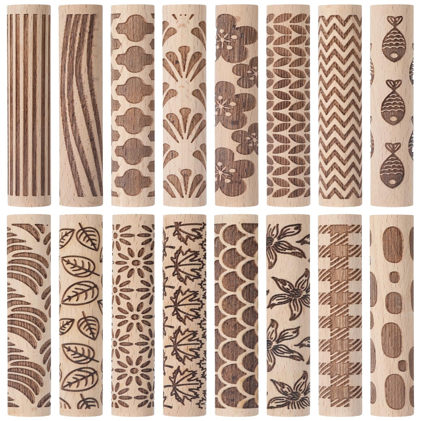 Conderyang 16Pcs Wooden Clay Texture Roller Set Clay Modeling Pattern Rollers Wooden Texture Rollers Wood Pottery Tools Pottery Tool Set for Artists Art Creation Ceramic DIY, 4In x 0.6In（Style 1)