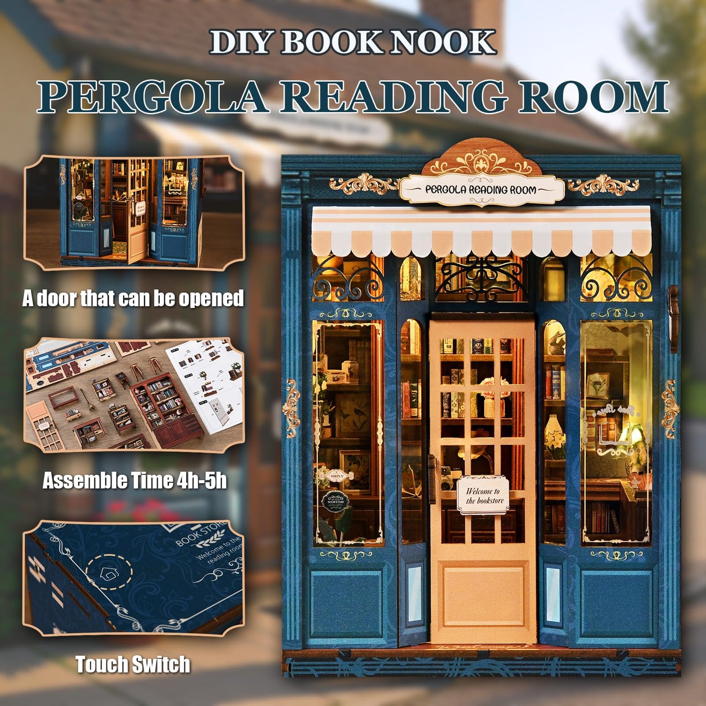 DIY Miniature Dollhouse Kit Book Nook Pergola Reading Room with LED Light, Wooden 3D Miniature House Craft Kit for Adults, Bookshelf Insert Decor