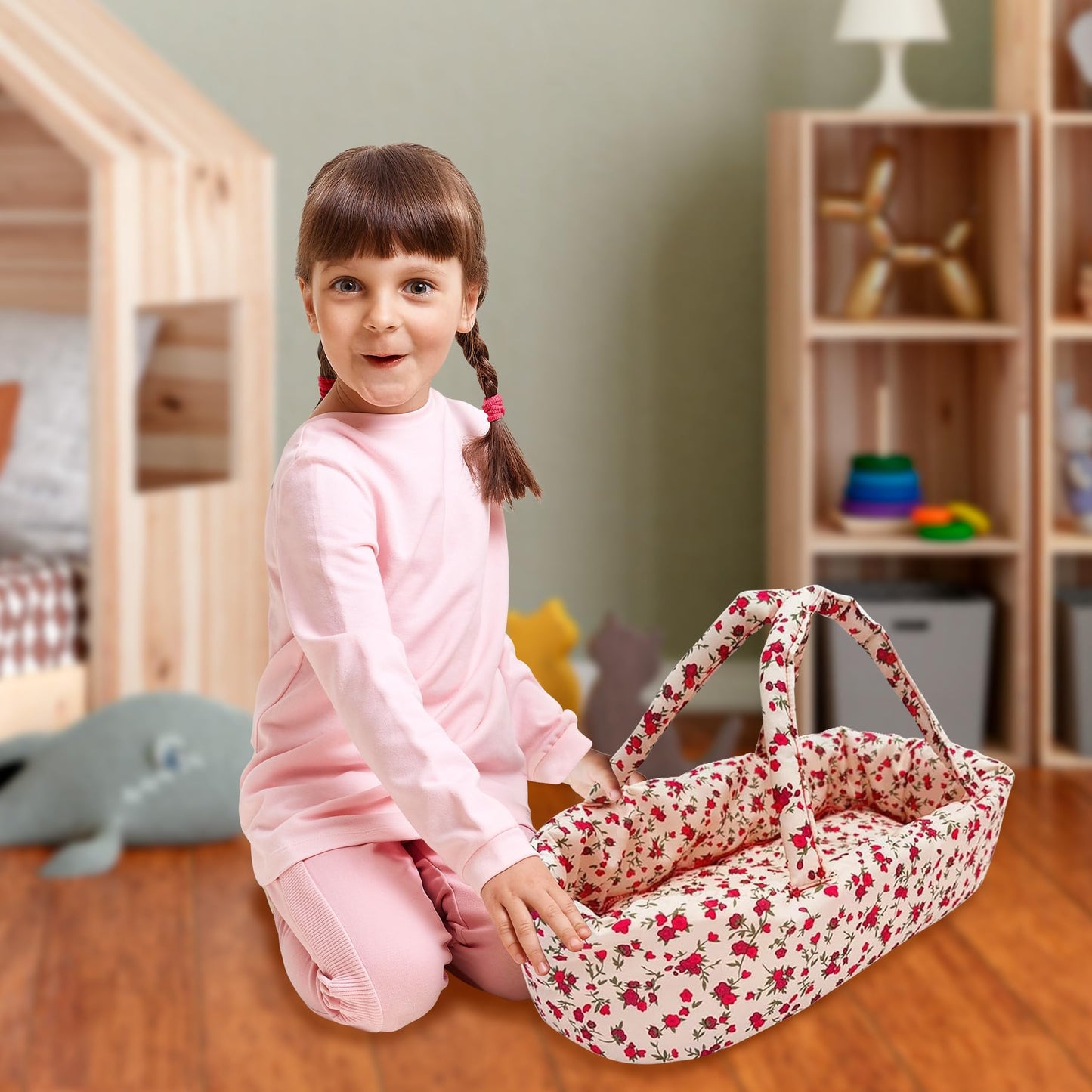 Baby Doll Stroller Play Set, 3-in-1 Babydoll Stroller with Removable Bassinet Baby Carriage for Dolls Toy Doll Stroller for Toddlers 3-4 Years, (Floral)