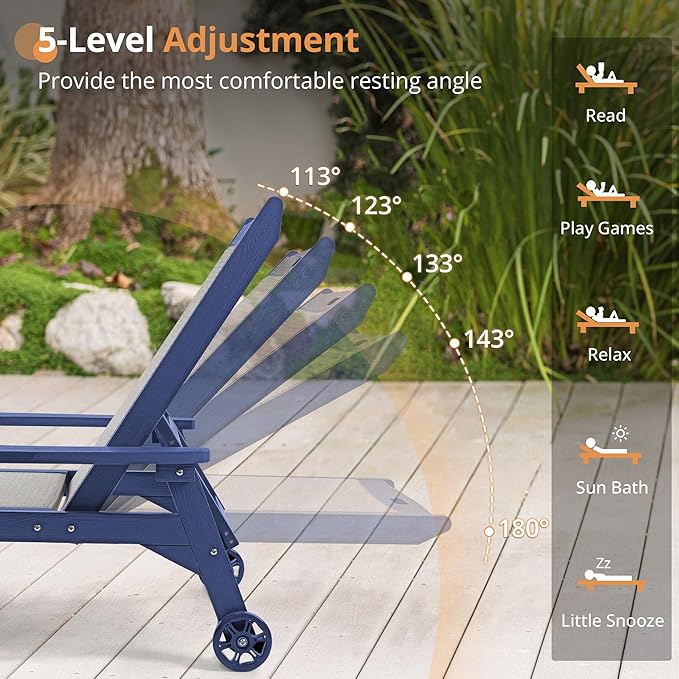 LUE BONA Chaise Lounge Chair Outdoor Set of 2, HDPS and HDPE Wicker Material, Patio Lounge Chair with Adjustable Backrest, Resin Pool Lounge Chairs with Wheels for Backyard, Poolside and Deck