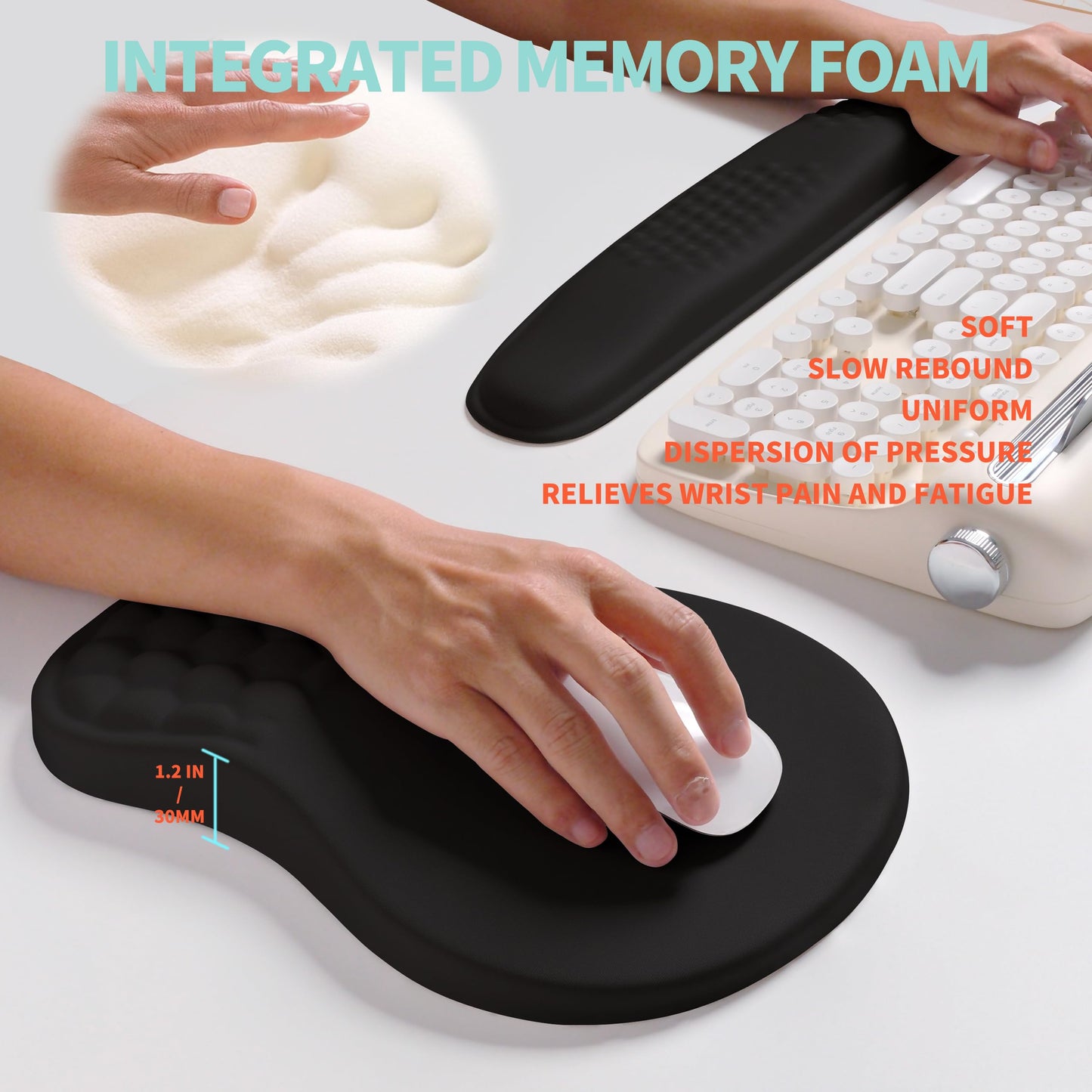 KUOSGM 2-in-1 Ergonomic Set, Wave Rise Keyboard Wrist Rest and Massage Bulge Slope Mouse Pad Wrist Support, Cushion Memory Foam Integrated to Relieve Wrist Pain, Black