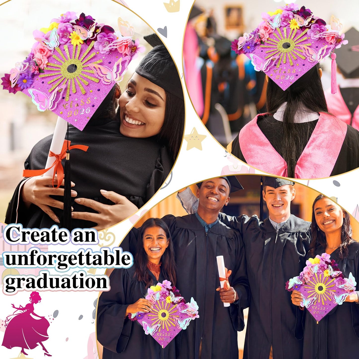 Wavwavw 47 Pcs DIY Purple Graduation Cap Decorations Accessory Kit 3D Artificial Flowers Butterfly Decals Rhinestone Pearl Stickers Letter Stickers Glitter Paper for Grad Hats Decor