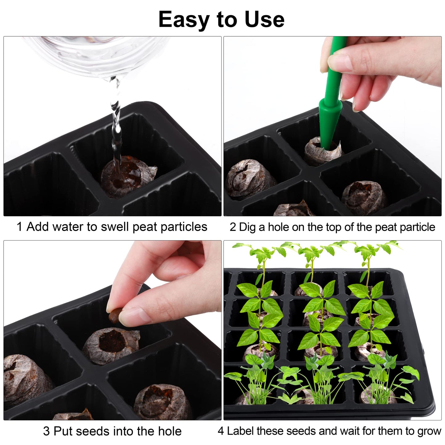 Hahood 4 Pack 24-Cells Seed Starter Tray Kit Germination Tray with Humidity Dome and Base, Plant Growing Kit Germination Starter Including Peat Pellets, Plant Labels, Tool for Indoor Outdoor, Black
