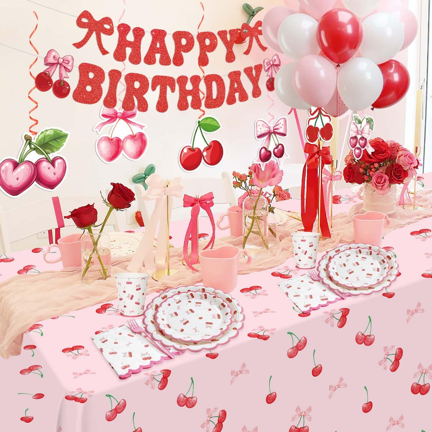 Cherry Birthday Decorations, 182Pcs Cherry Plates Napkins Cups Forks Tablecloth Banner Hanging Swirls Cupcake Toppers and Ballons for Cherries Themed Party Decorations
