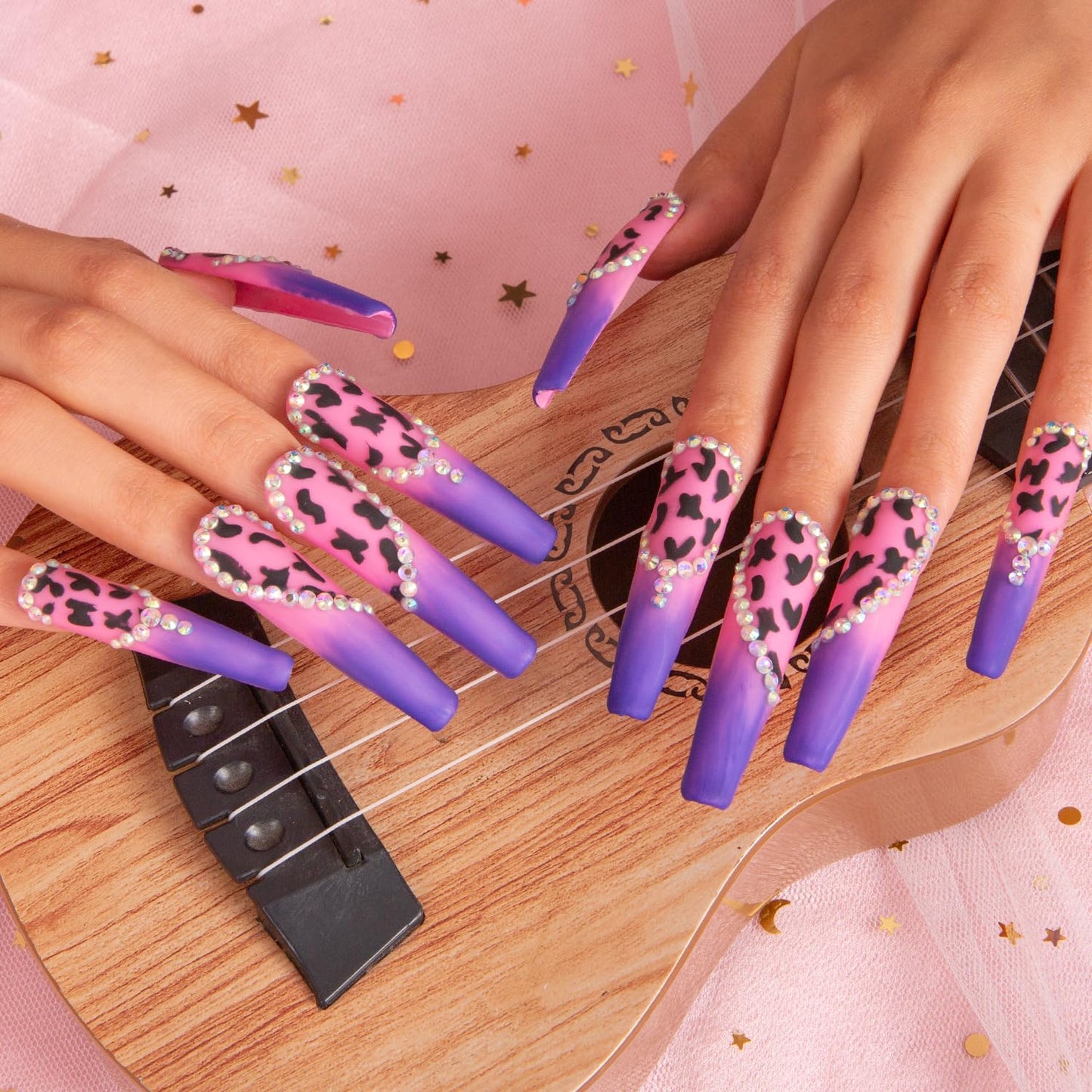 LOVFUL Press on Nails Boozy Lavender | Handmade with Full Covered Crystals | Reusable Full Cover Nails | Coffin Long 2.2 in | H211-S