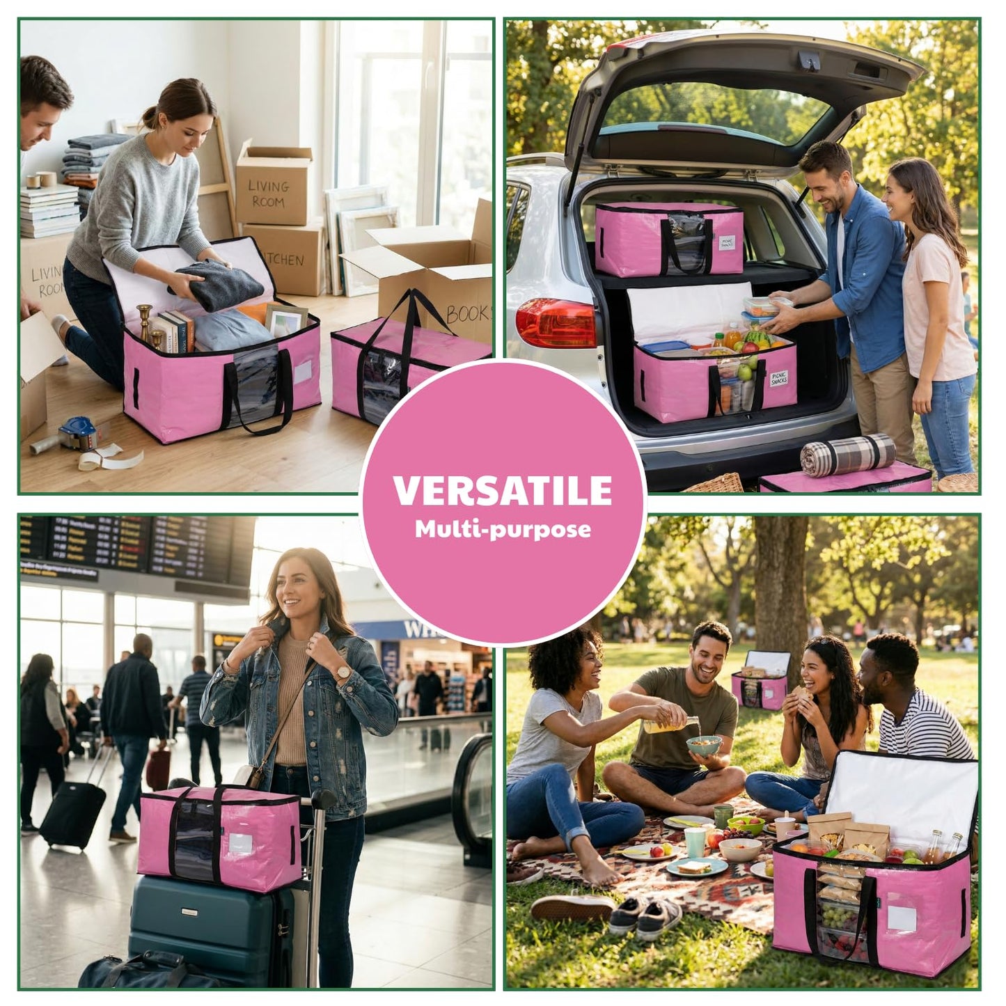 LALABAG 6-Pack Extra Large Moving Bags with Backpack Straps & Side Handles, 50 lbs Heavy Duty Storage Totes, Water-Resistant Clothes Packing Boxes Alternative (Pink)