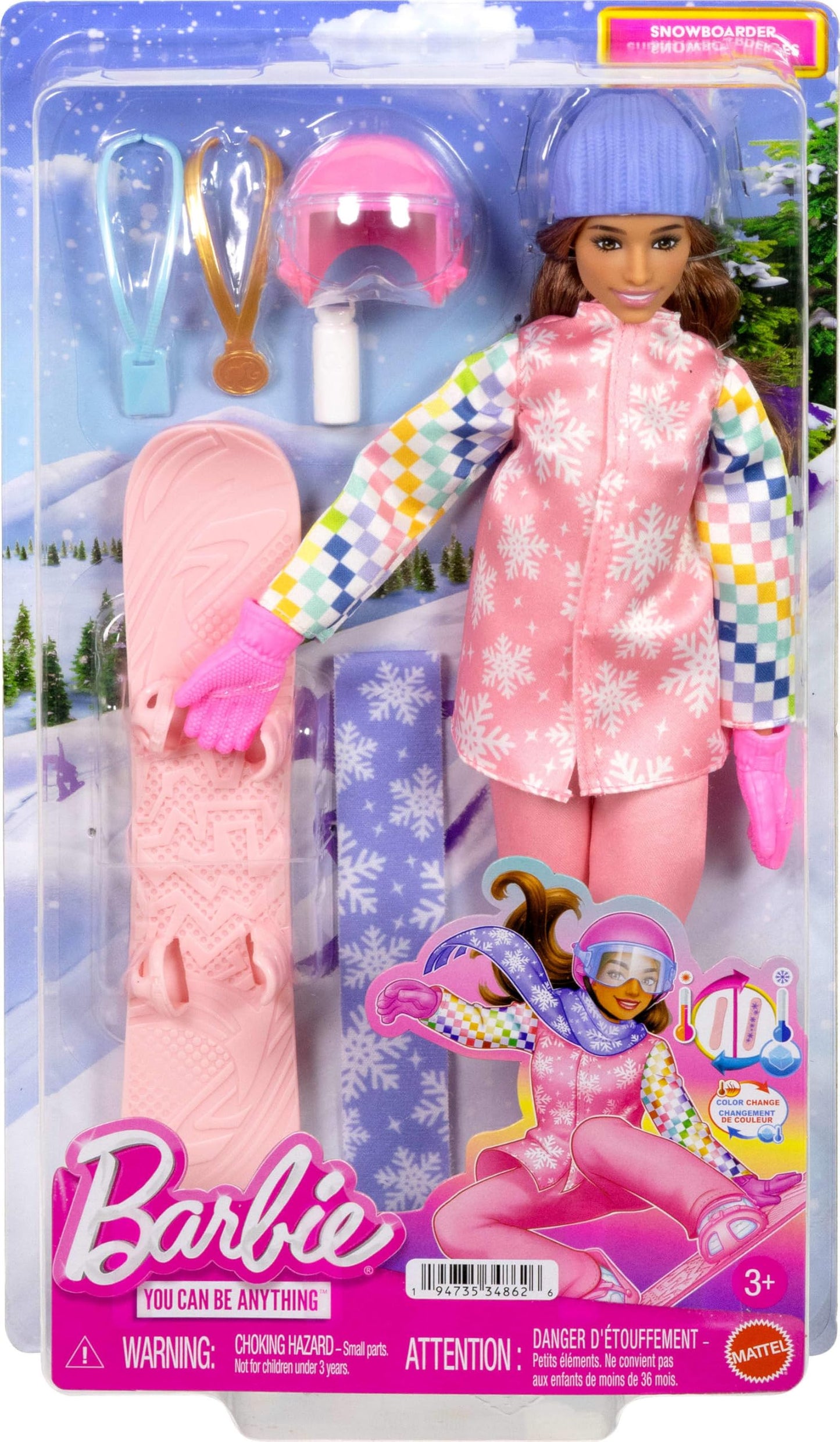 Barbie Careers Snowboarder Doll Wearing Pink Snow Jacket, Pants & Boots with 10+ Accessories Including Color-Change Snowboard