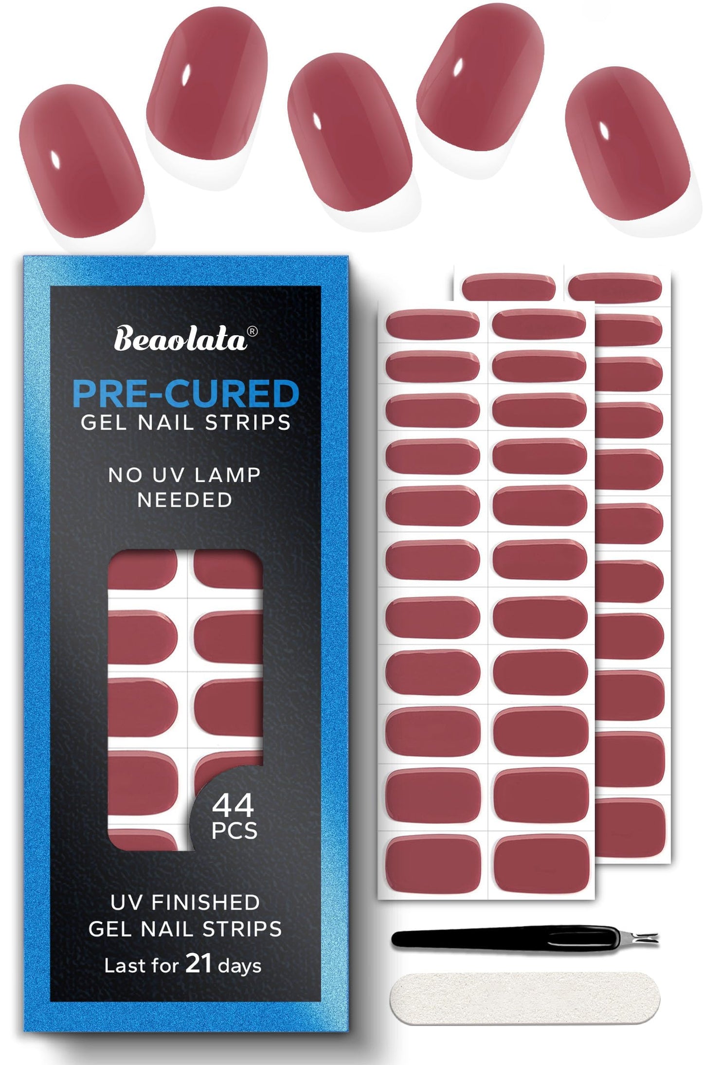 Beaolata Real Gel Nail Strips (No UV Light Needed) - 44Pcs Salon Quality Nail Stickers - Long Lasting Polish Wraps for Women, Easy Apply & Remove (Oxblood Brown）
