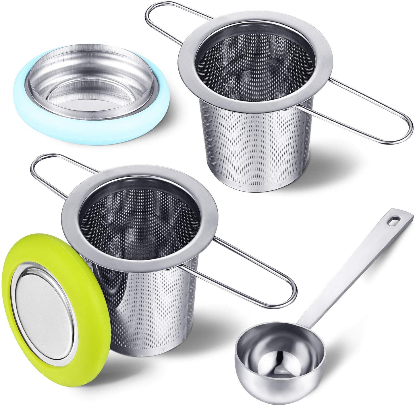 2 Pieces Tea Infusers Stainless Steel Strainer Folding Handle Filter Extra Filter Fine Mesh Strainer Brewing Basket with Lid for Loose Leaf Tea