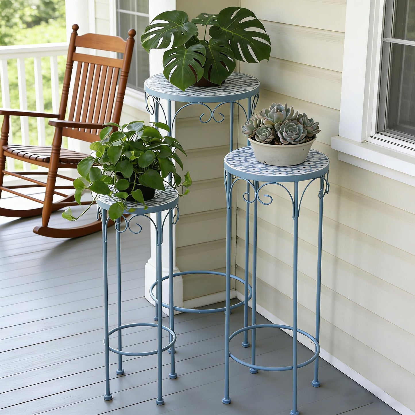 Metal Plant Stand Set of 3 Round Ceramic Top 28" Tall Mosaic Flower Stand Tile Nesting Display Side Table Indoor Outdoor Plant Rack Flower Holder for Wedding Party Patio Living Room Frame Stackable Garden Accessory Decorative Blue