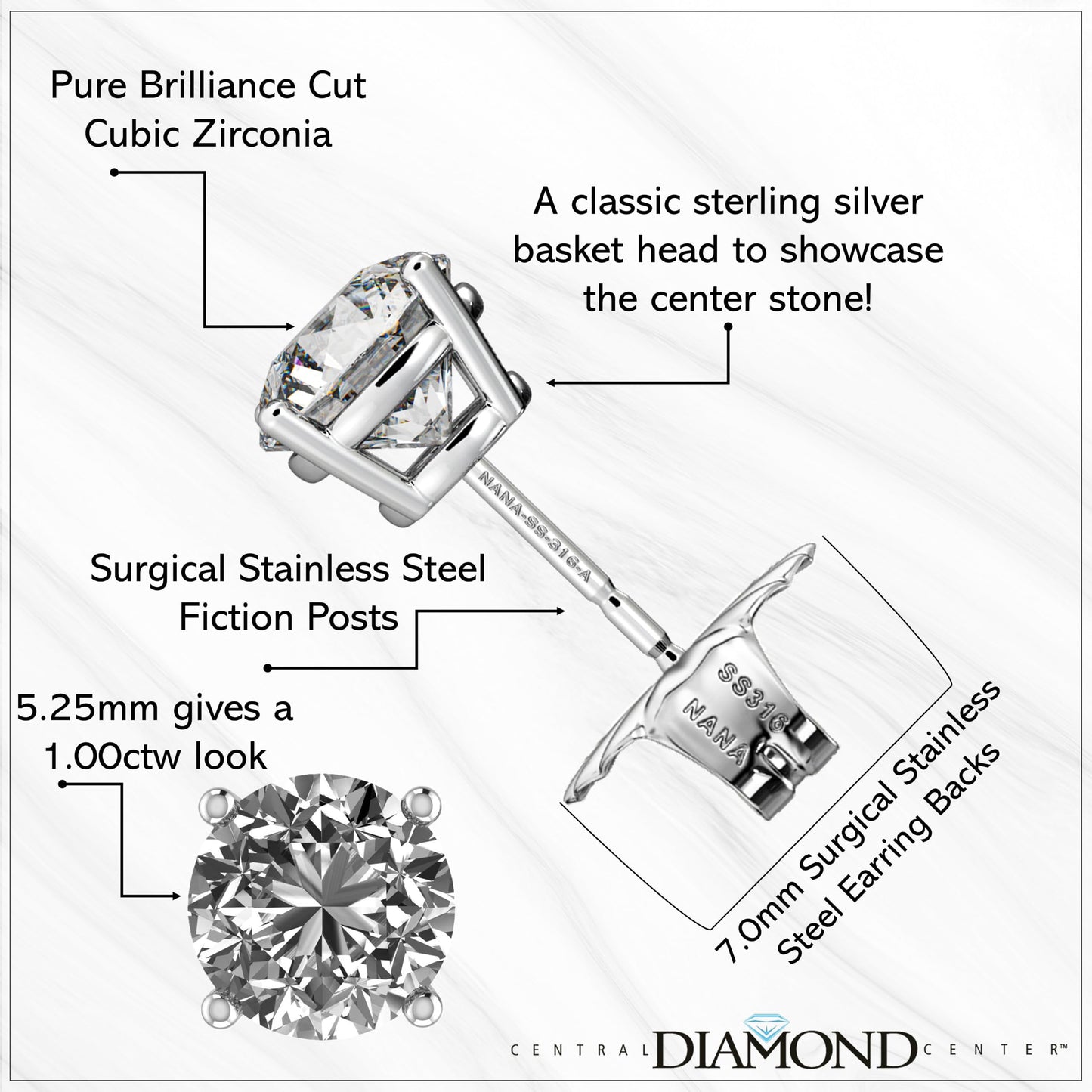 Central Diamond Center Round Simulated Diamond Stud Earrings Hypoallergenic Metal & Sterling Silver CZ - 5.25mm (1.00cttw) Yellow