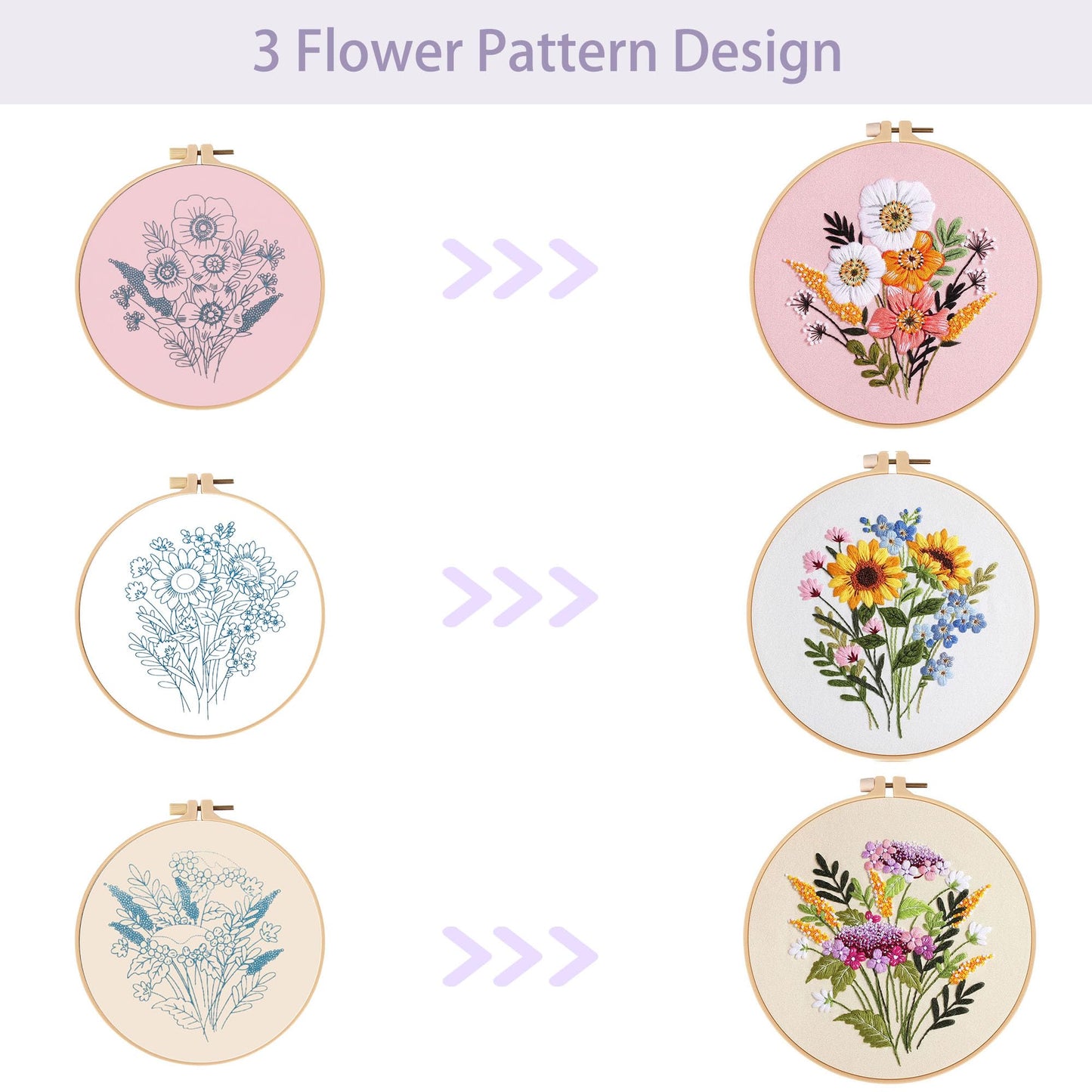 Offizon 3 PCS Embroidery Kit for Beginners - Cross Stitch DIY Craft Set, Flower Embroidery Accessories & Hoop Included, Hand Embroidery Kit for Adults Stitching Sewing Kit Gift | FlowerB Patterns