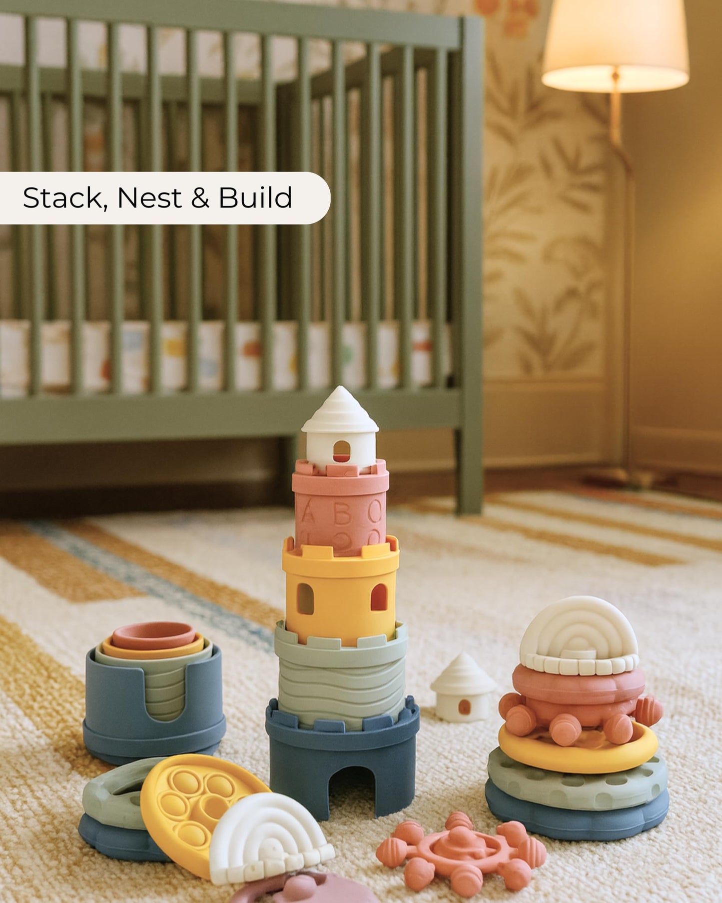 Hippypotamus Stacking Cups & Teething Toys - Silicone Montessori Baby Toys - Teethers for Babies 3-6 Months - Soft Castle Nesting Cups - Stacking Ring Toys