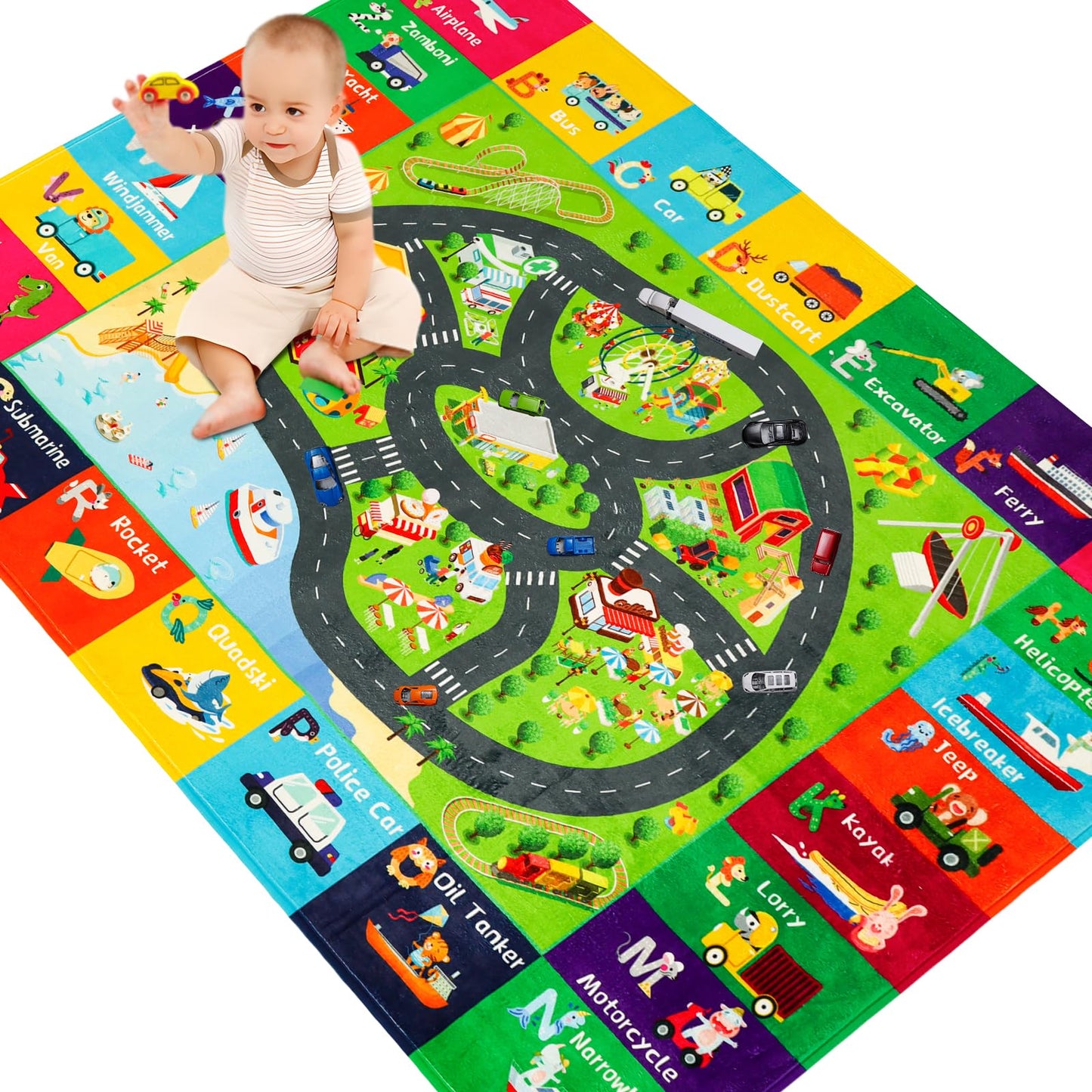 AKASISRUG ABC Transportation Kids Rugs 78.7"×59" for Playroom Educational Alphabet Mat
