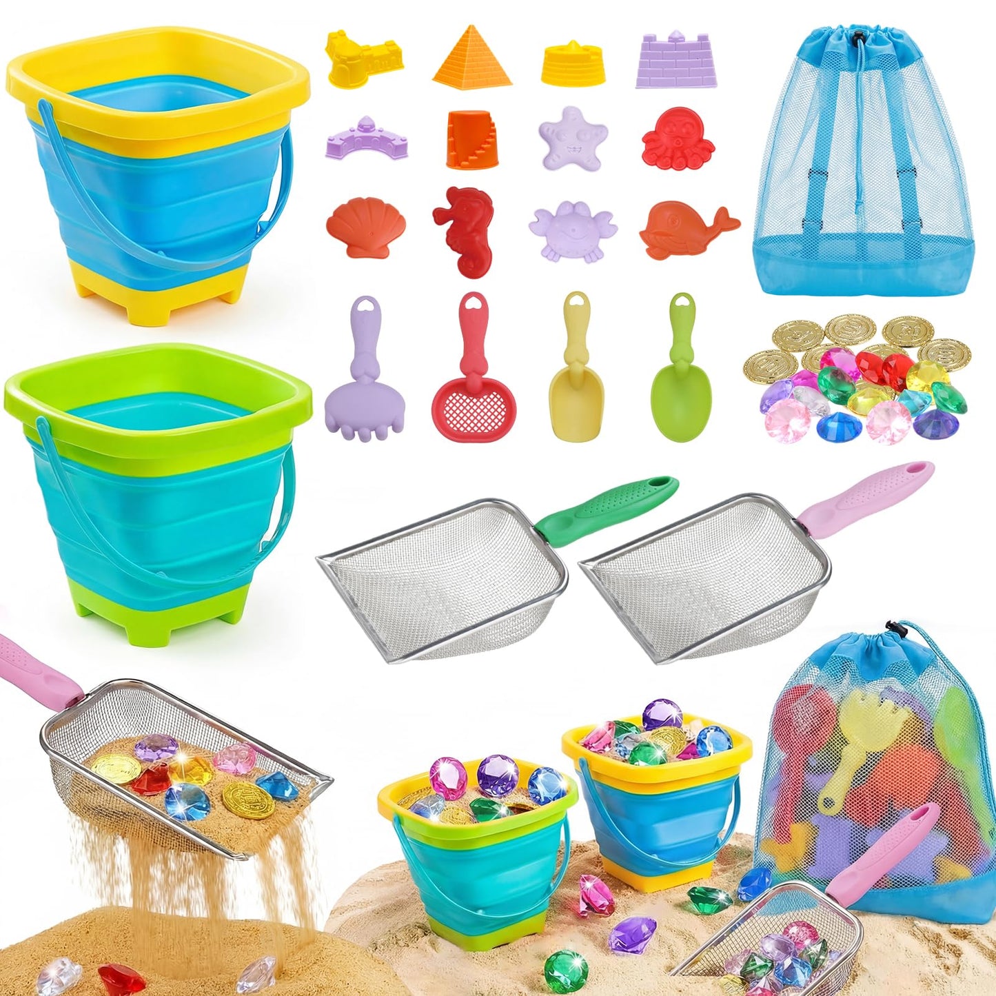 Eicaus 46 PCS Beach Sand Toys for Kids Toddlers, Collapsible Sand Buckets & Mesh Bag Set with Heavy Duty Metal Sifters, Treasure Hunt Gems, Castle Molds, Travel Sandbox Toys for Boys Girls
