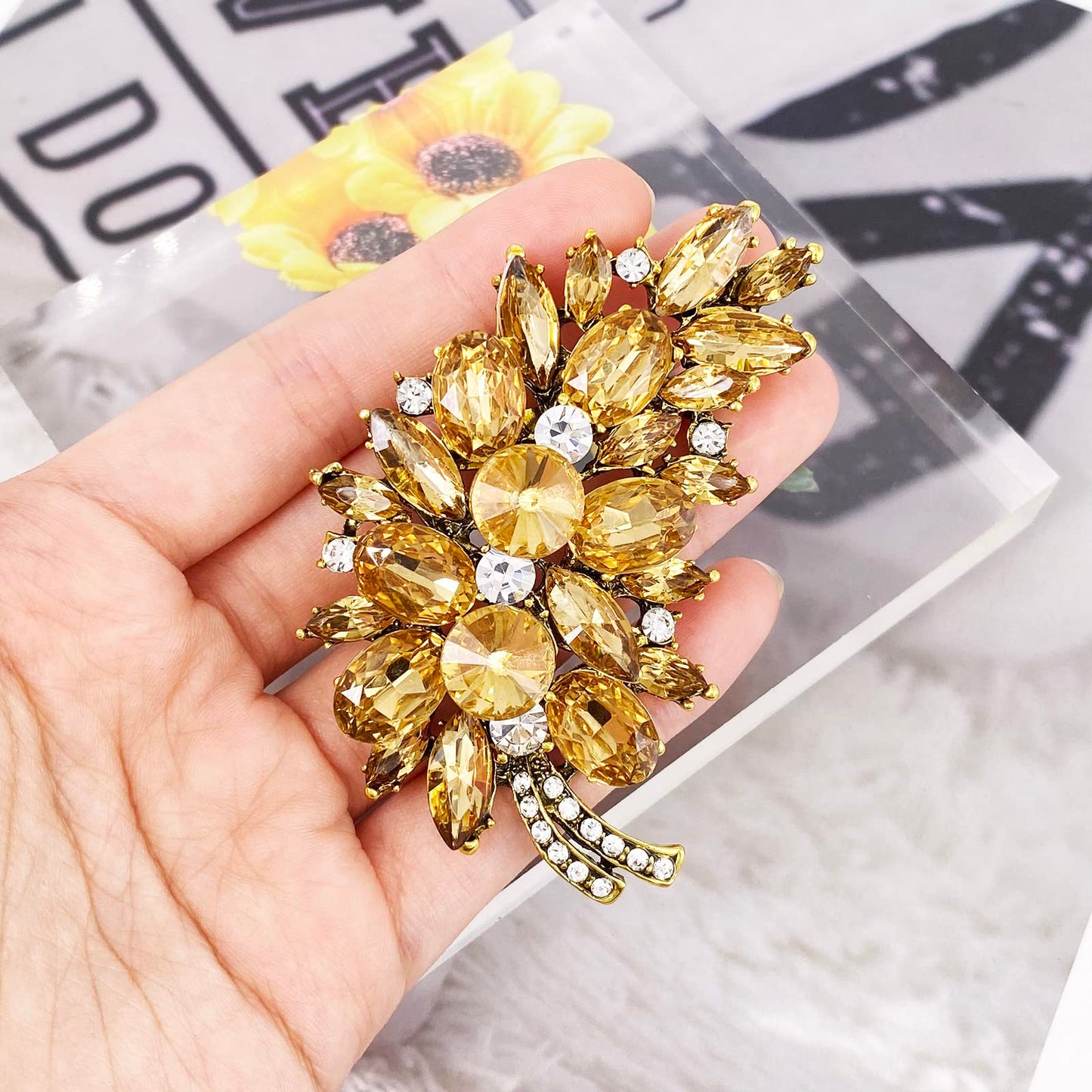 LAXPICOL Vintage Brown Austrian Crystal Flower Leaf Bouquet Clusters Large Big Brooch Pin For Women Jewelry