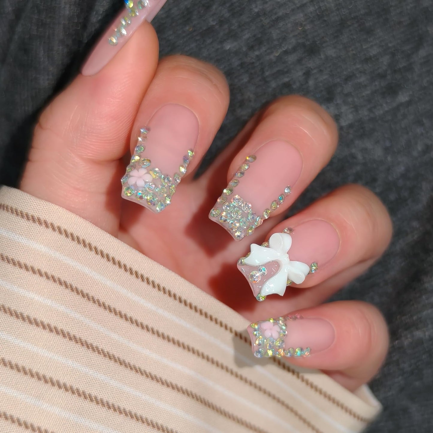 TENPAL Handmade French Tip Press on Nails Medium Coffin 3D Bow Rhinestone Glitter Pink Cute Sweet Girly Reusable Daily Wear Salon Acrylic False Nails 10PCS(L)