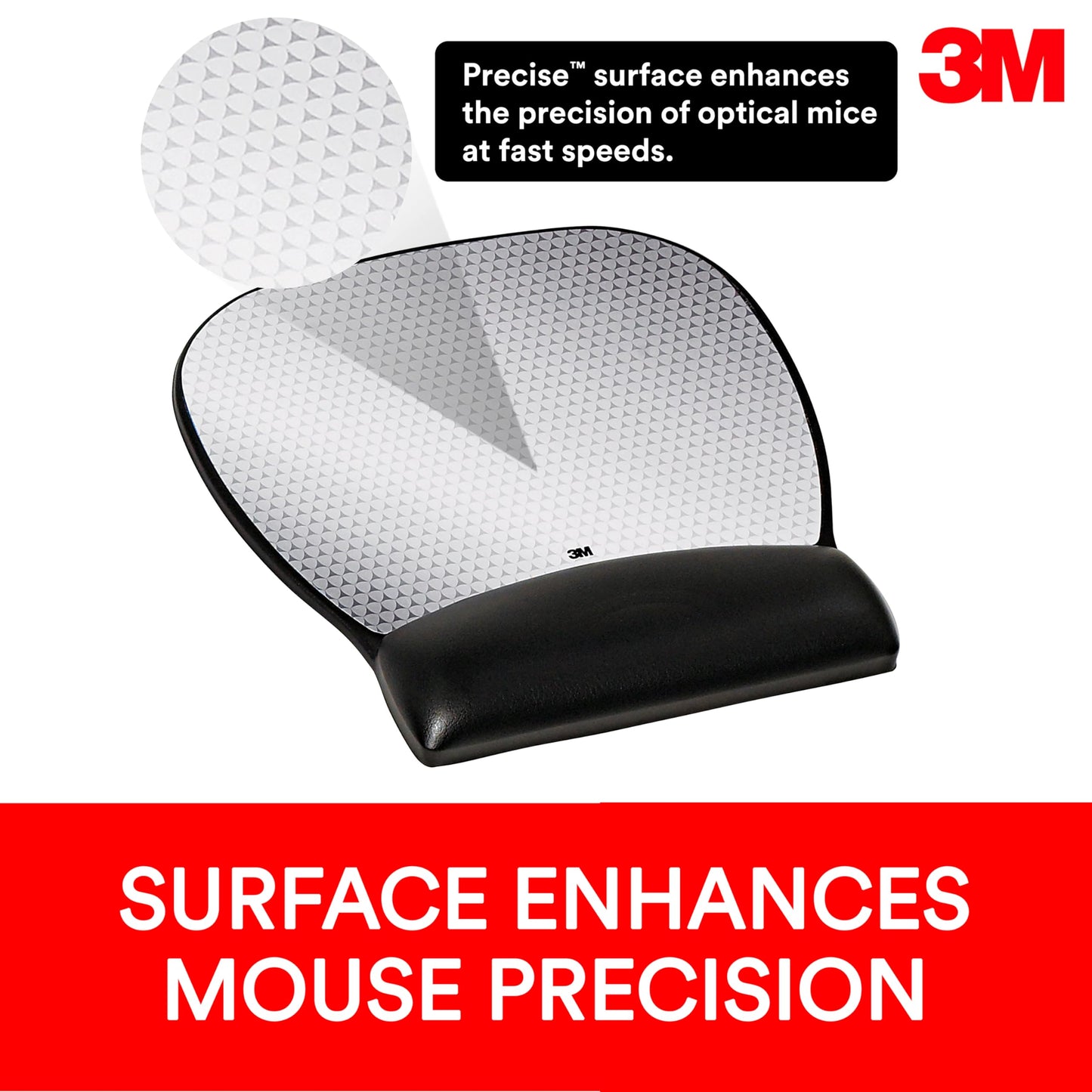 3M Precise Mouse Pad with Wrist Rest, Soothing Comfort with Durable, Easy-to-Clean Leatherette Cover, Optical Mouse Performance, 9.2 in x 8.7 in, Black (MW310LE)