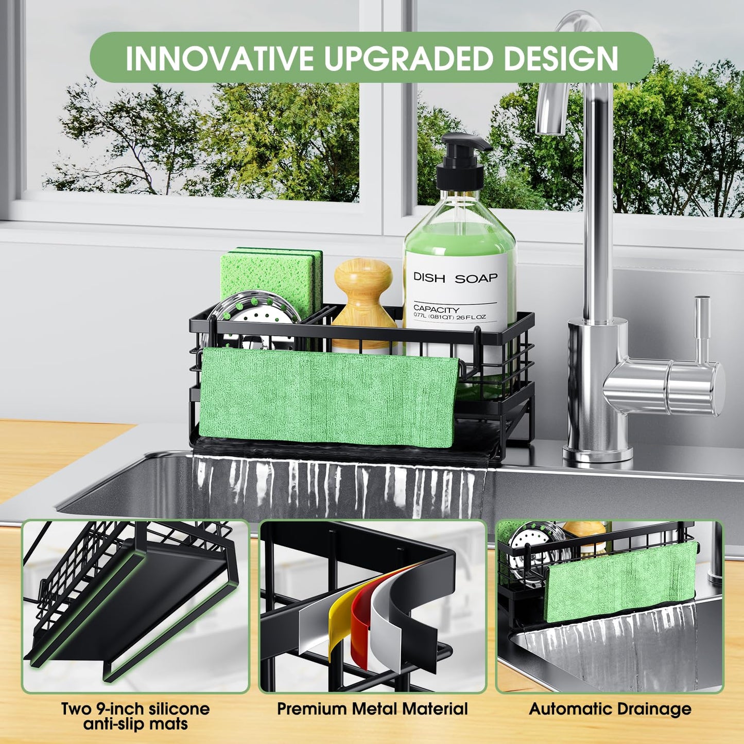 DYFVREN Self-Draining Kitchen Sink Caddy, Rustproof Non-Slip Metal Sponge Holder with Detachable Dish Cloth Holder (Black)
