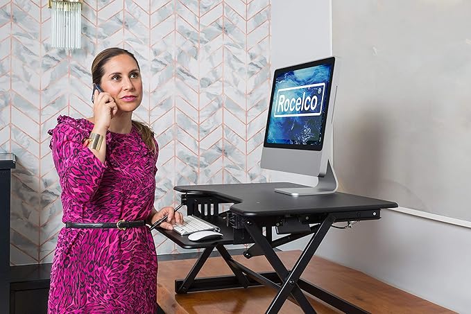 Rocelco 32" Height Adjustable Standing Desk Converter - Sit Stand Computer Workstation Riser - Dual Monitor Retractable Keyboard Tray Gas Spring Assist - Black (R EADRB2)