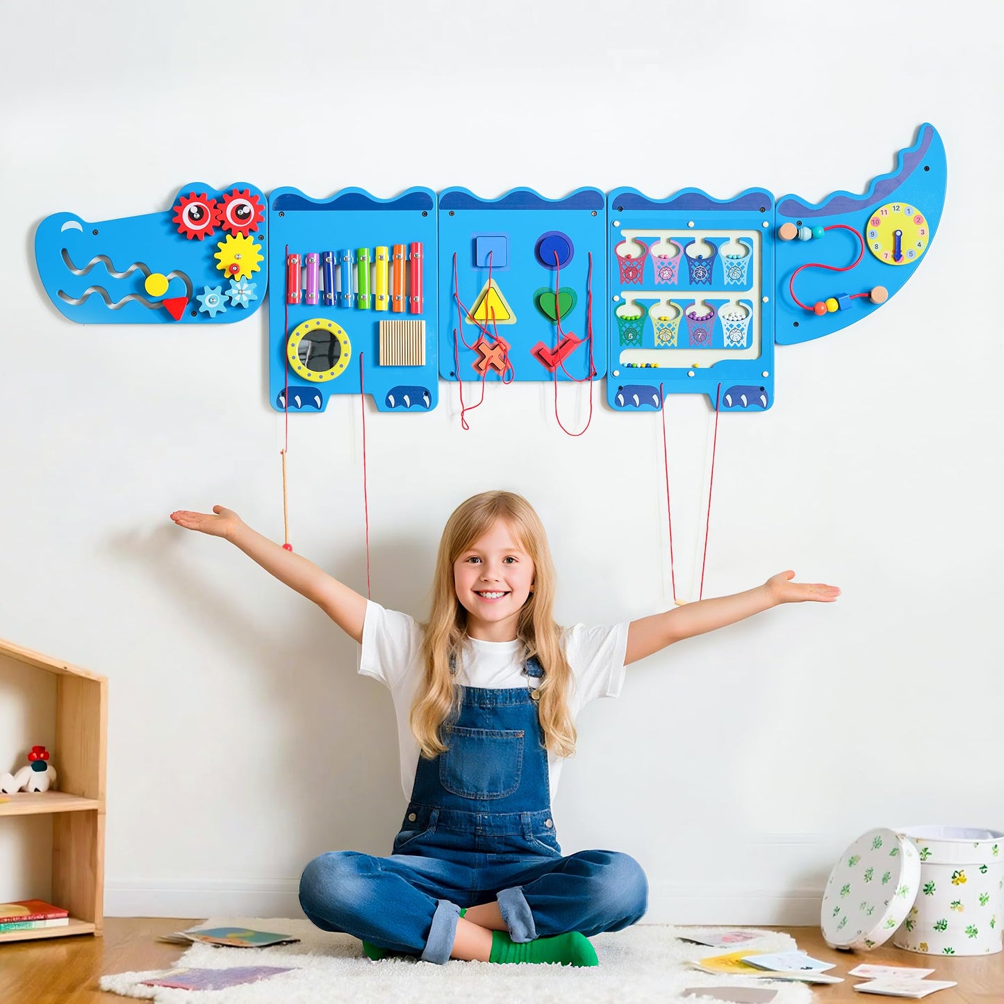 Spacocld Crocodile Sensory Toys Activity Wall Panels - Montessori Busy Board, Toddler Learning Panel, Wall-Mounted Playroom/Daycare Educational Toys, Interactive Wooden Gift for Kids 3-6, Blue