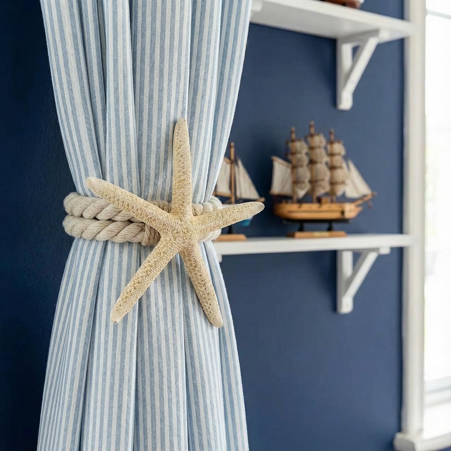 2-Pack Real Natural Starfish Curtain Tiebacks, Handmade Rope Holdbacks for Coastal Beach Theme Decor, Nautical Curtain Tie Backs for Bedroom Living Room Home Decoration