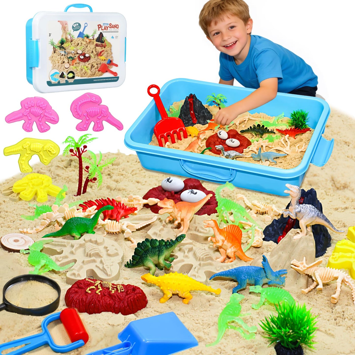 Pakimio Dinosaur Sensory Bin with Lid, 2.64lbs Magic Sand, Dino Figures, Skeletons & Archaeology Tools, Sensory Sand Kit Dinosaur Toys for Kids 3 4 5 6 7+ Year Old Boy Toddler Birthday Gift Christmas