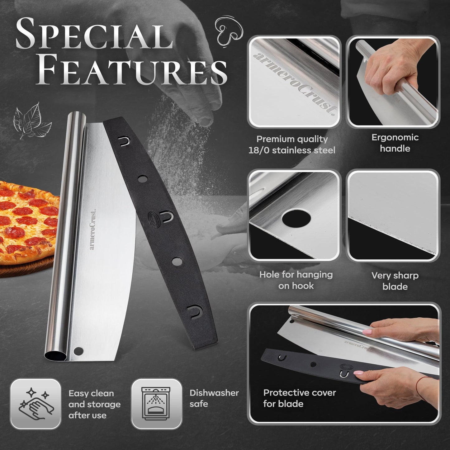 armeroCrust 13.8 Inch Pizza Cutter Rocker Blade - Easy Slicing - Premium Finish Pizza Slicer with Time Saving Pizza Cutter Rocker Design