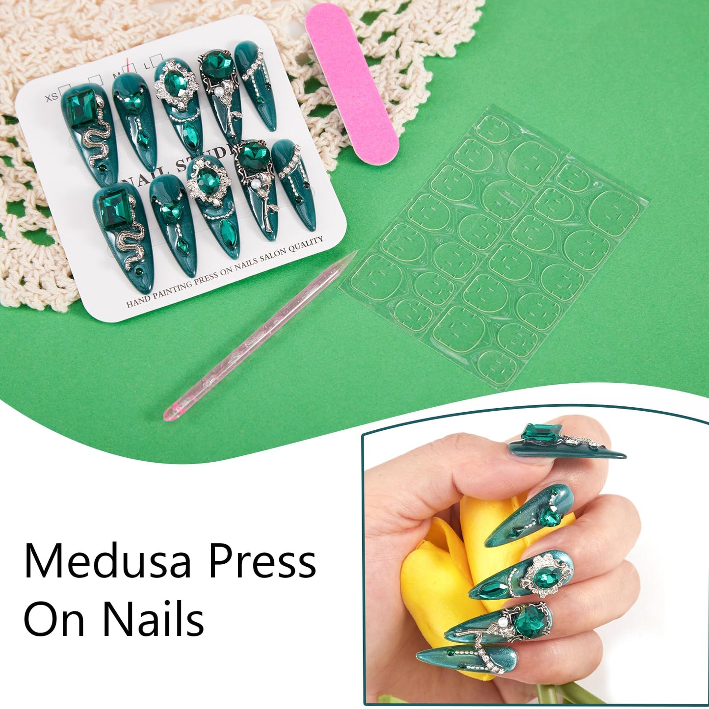SILPECWEE 10PCS Almond Press on Nails Medium Green Cat Eye Fake Nails with Green Gem Alloy Nail Charms, Handmade Acrylic Long Press ons Nails for Women Manicure Supplies
