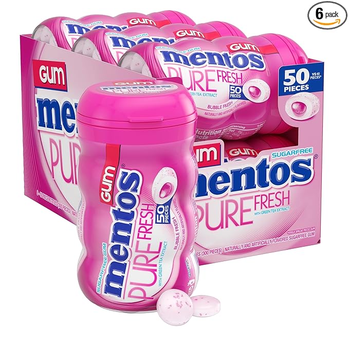 Mentos Pure Fresh Sugar-Free Chewing Gum with Xylitol, Bubble Fresh Flavor, Bubble Gum, 90% Recyclable Curvy Bottle, 50 Pieces per Bottle, 6 Pack