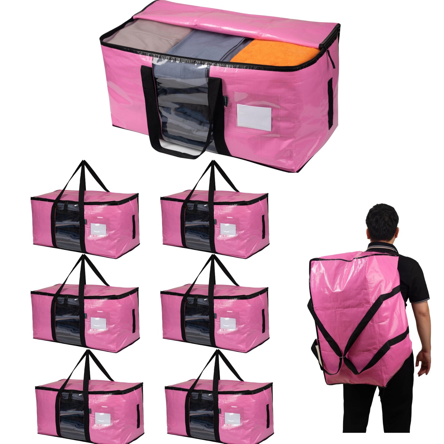 LALABAG 6-Pack Extra Large Moving Bags with Backpack Straps & Side Handles, 50 lbs Heavy Duty Storage Totes, Water-Resistant Clothes Packing Boxes Alternative (Pink)
