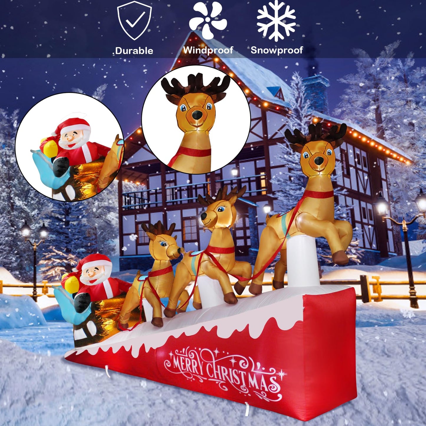 Hazms 13.3 FT Christmas Inflatables Santa Claus on Sleigh with Three Reindeer & Gift Box Outdoor Yard Decorations LED Lights Inflatable Christmas Decoration,Lawn, Garden