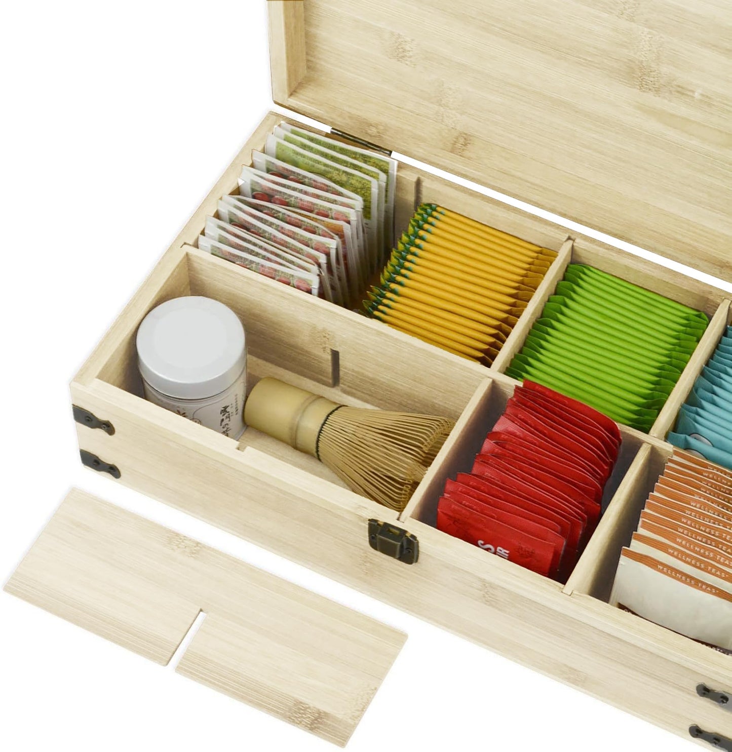 Zen Earth Inspired Large Wooden Tea Organizer Box, Big 14" Pine Storage Chest | 8-Slot Tall, Adjustable Shelves | 100% Handmade Craft Eco-Friendly Natural Décor