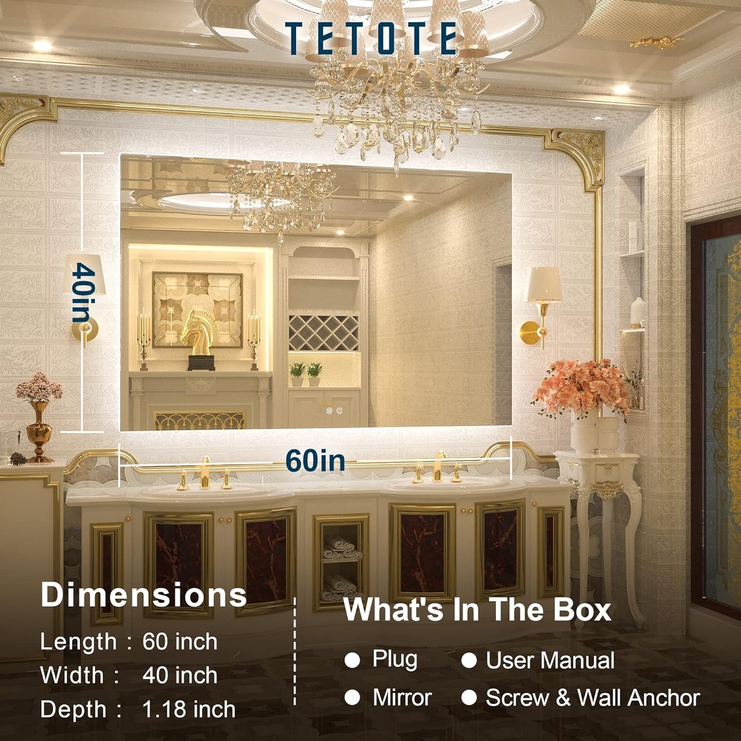 TETOTE 60 x 40 Inch LED Backlit Bathroom Mirror with Light,Anti-Fog,Dimmable,CRI90+,Water Proof,Vanity Lighted Mirror,Wall Mounted(Horizontal/Vertical)