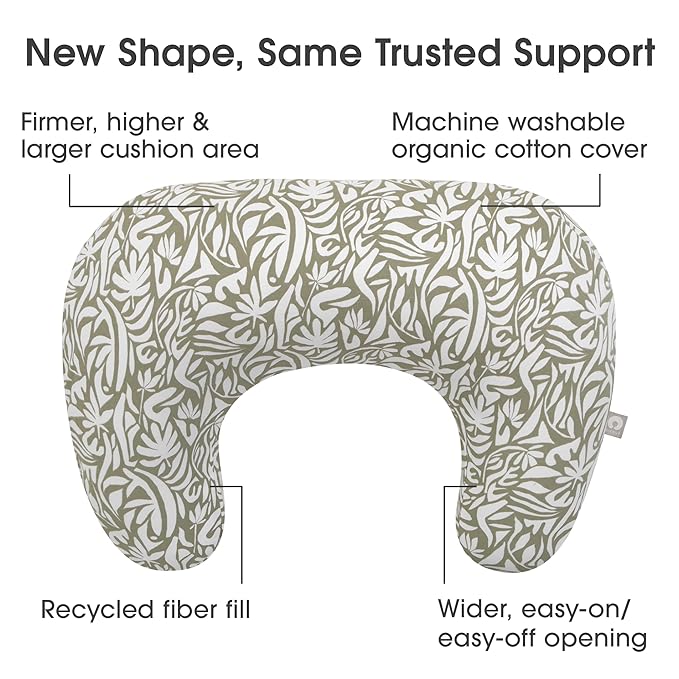 Boppy Nursing Pillow with Organic Cover, Green Cut Out Leaves, Larger, More Supportive Pillow for Breastfeeding and Bottle Feeding; Firmer and Higher Than Original Nursing Pillow; JPMA Certified