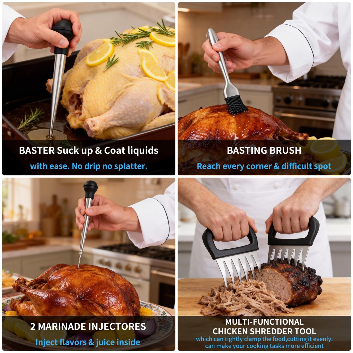 T-Raputa Turkey Baster Set – Includes Baster for Cooking, Barbecue Basting Brush,2 Meat Shredder Claws 2 Flavor Injector with Cleaning Brush– for Home Baking Kitchen Tool,Ideal Holiday Gift Great