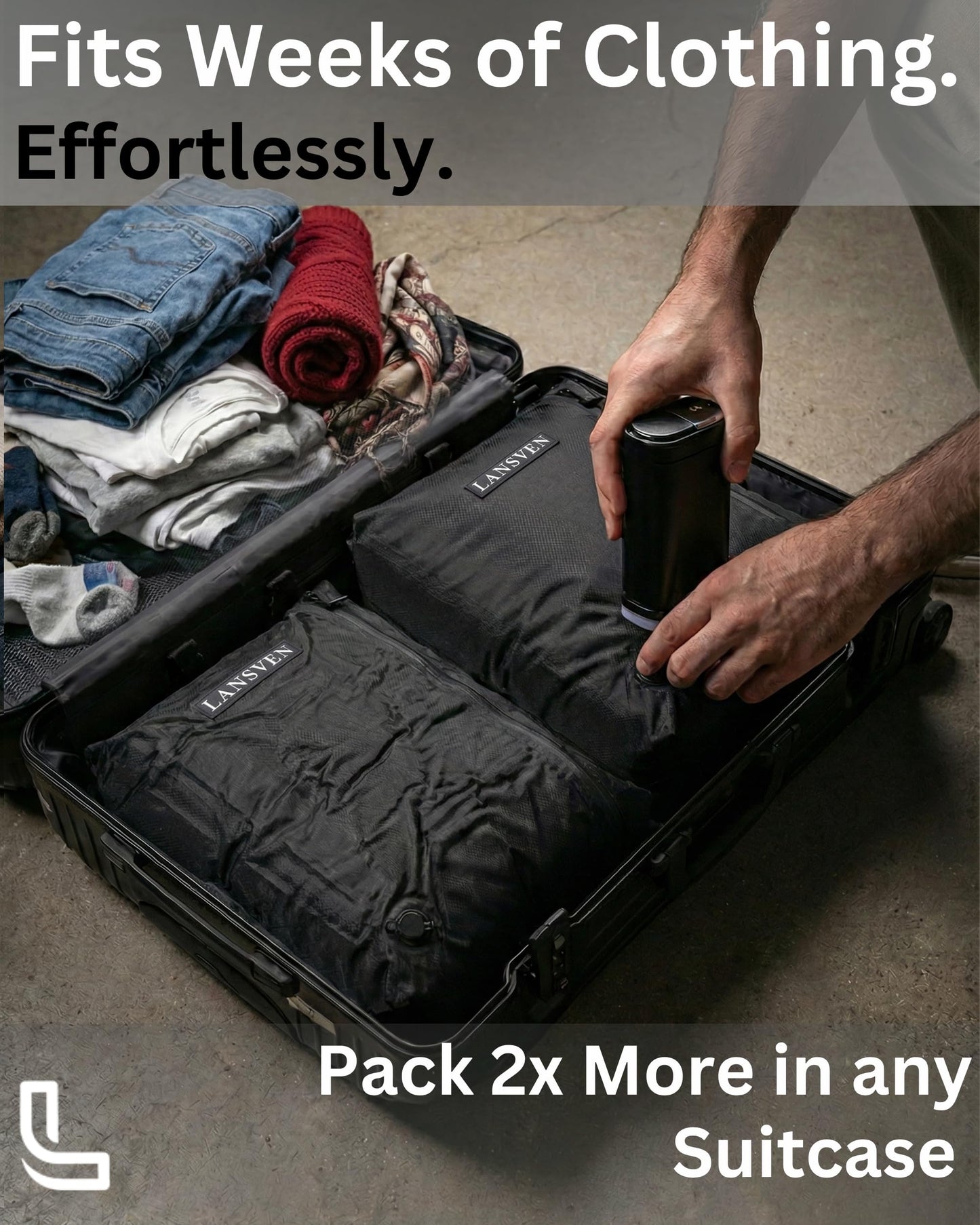 LANSVEN Cordless travel vacuum bag set - Reusable Nylon Compression Bags + Rechargeable Pump - Save 60% Space - Maximize Storage - Vacuum seal bags for clothing travel - for Carry-On & Suitcase