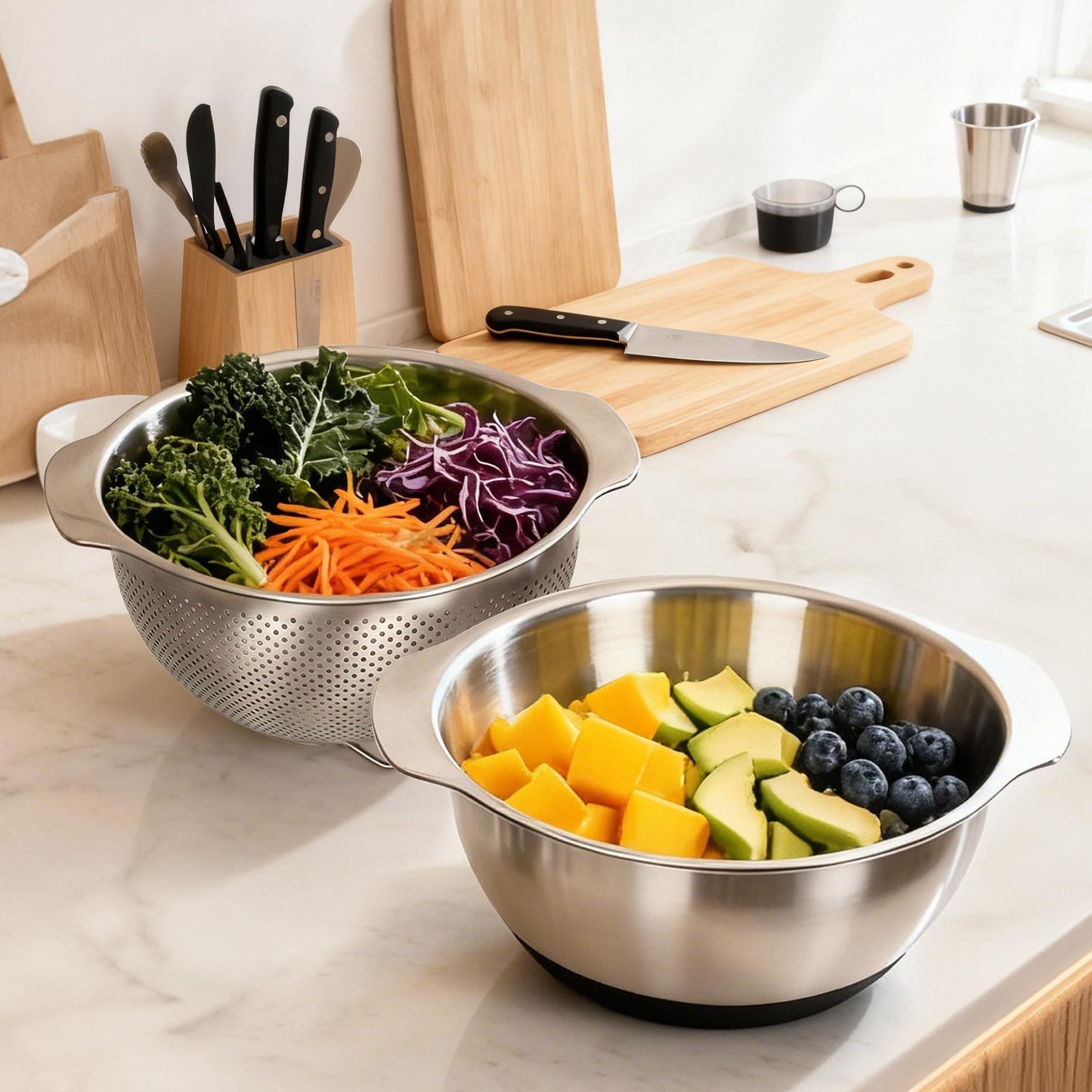 304 Stainless Steel Colander, 2.5 QT Capacity and 2.5 QT Mixing Bowl, Micropore Strainer for Washing Rice, Fruit, and Veggies, Perfect Draining for Cooked Pasta
