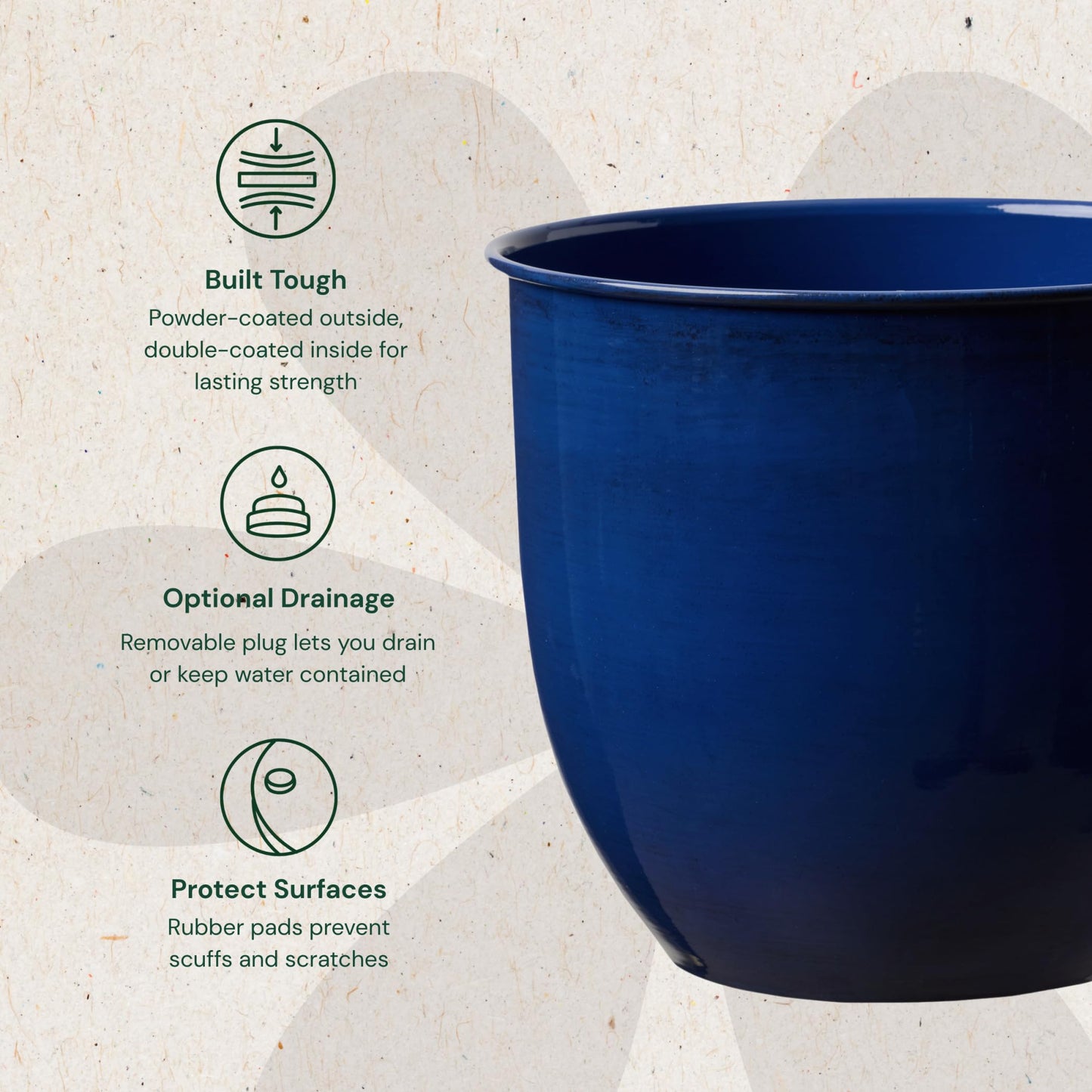 Bloem Canyon 8" Indoor Metal Cachepot - Glossy Decorative Planter with Powder-Coated Finish, Removable Drain Plug, Cobalt