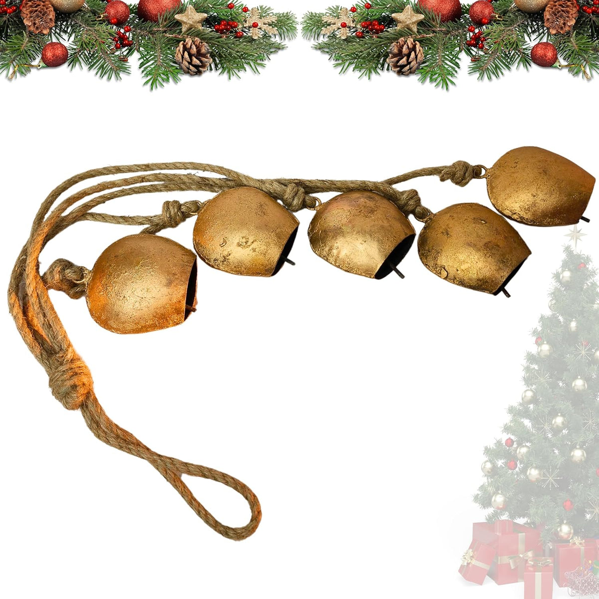Harmony 5 Cow Bells Cluster on Rope - Large Rustic Vintage Lucky Cow Bells On Rope Wall Hanging Decor